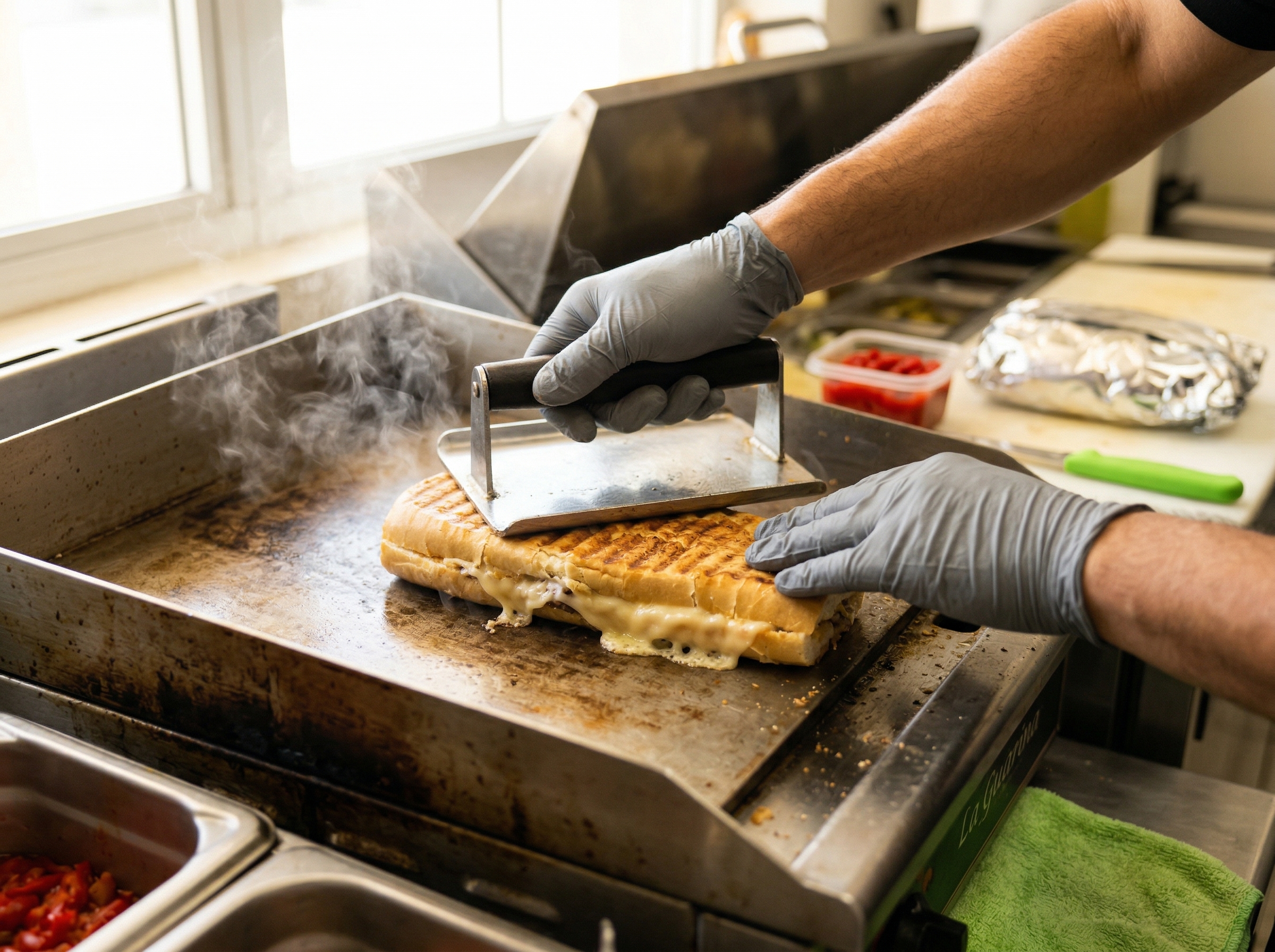 Classic Puerto Rican sandwich being pressed