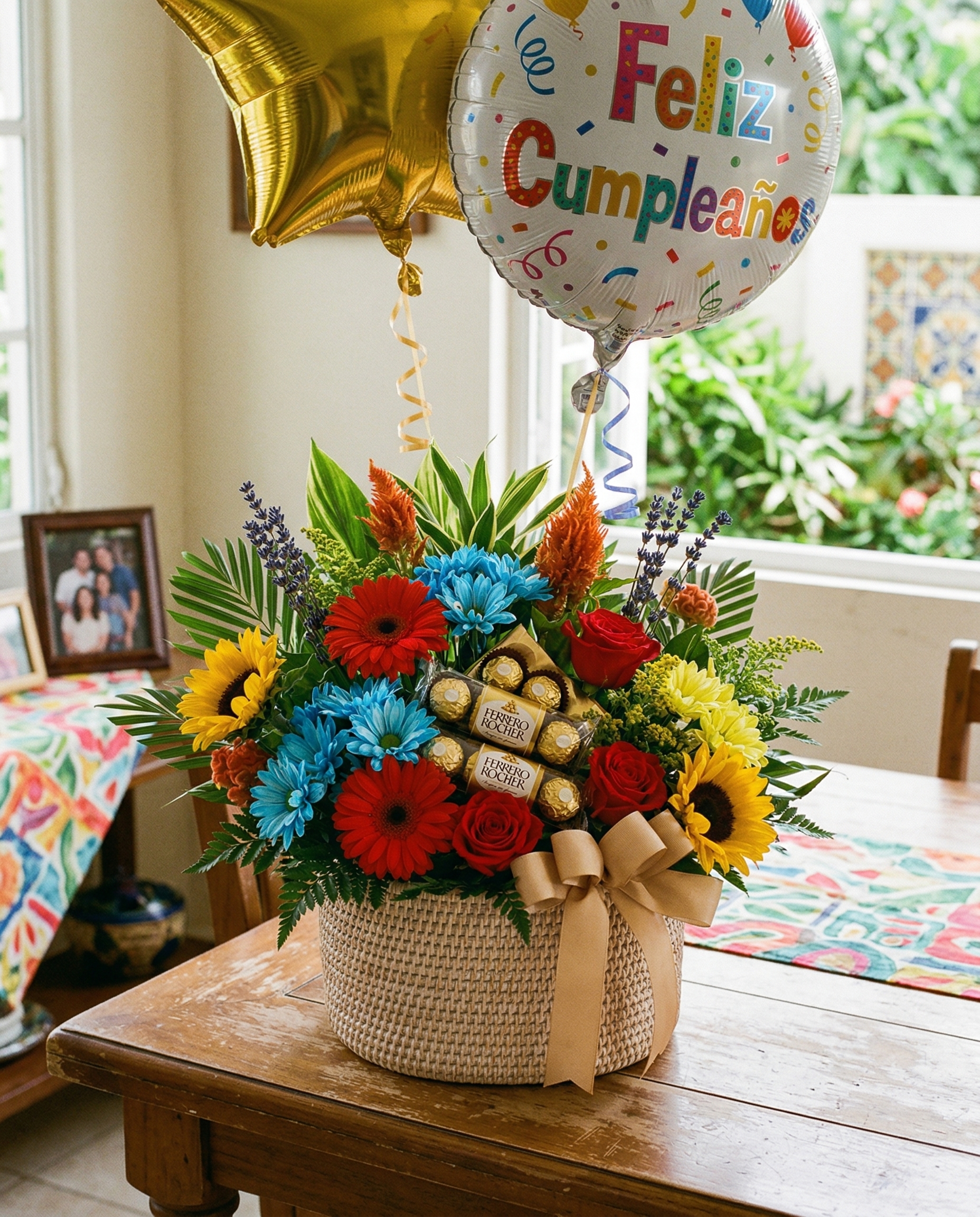 Canasta de regalo con flores frescas y chocolates