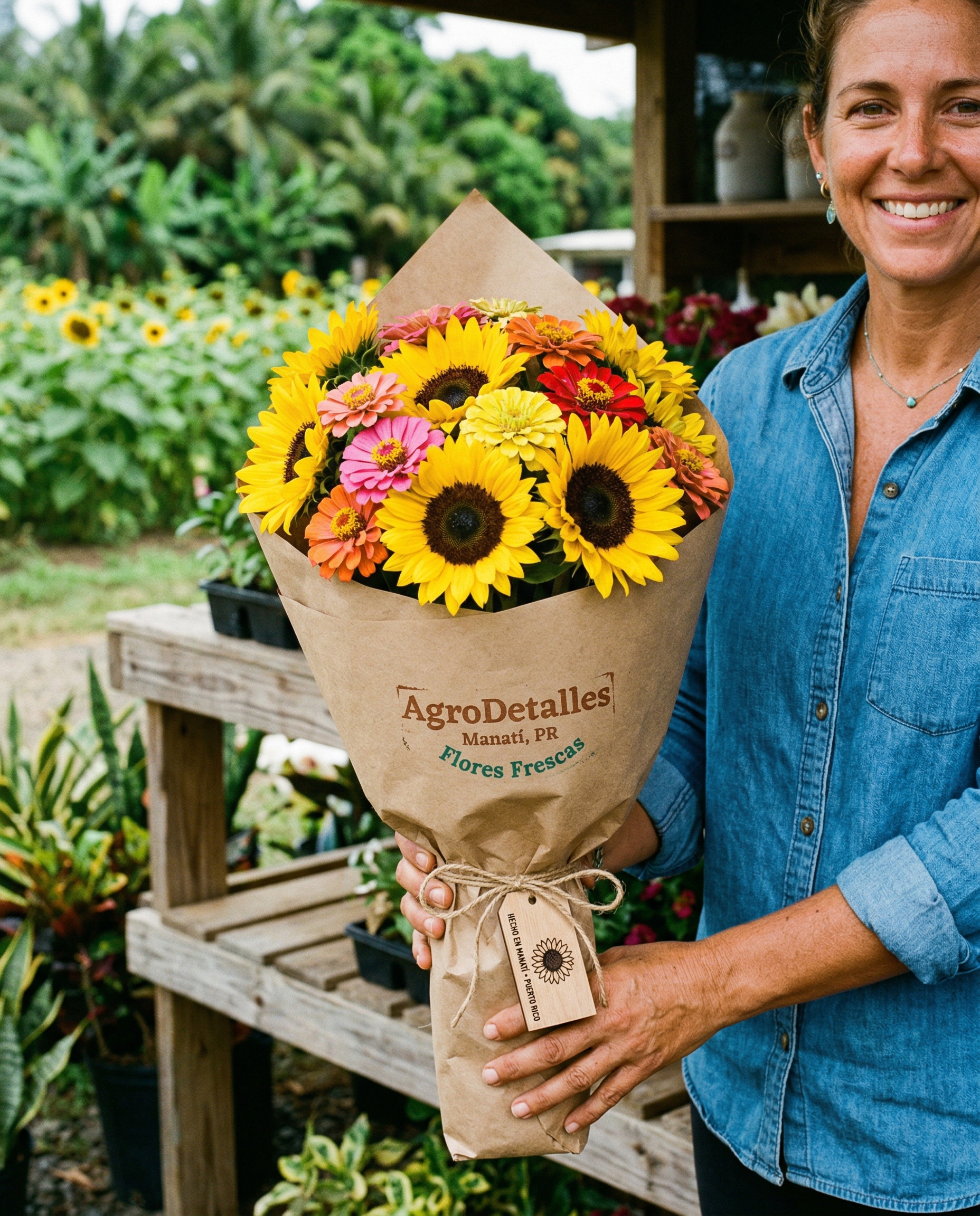 Bouquet de girasoles frescos en manos