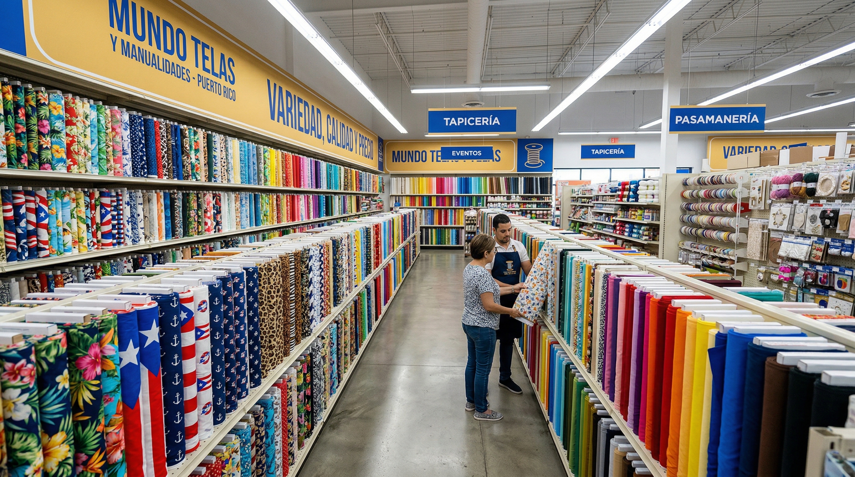 Interior de la tienda con pasillos llenos de telas
