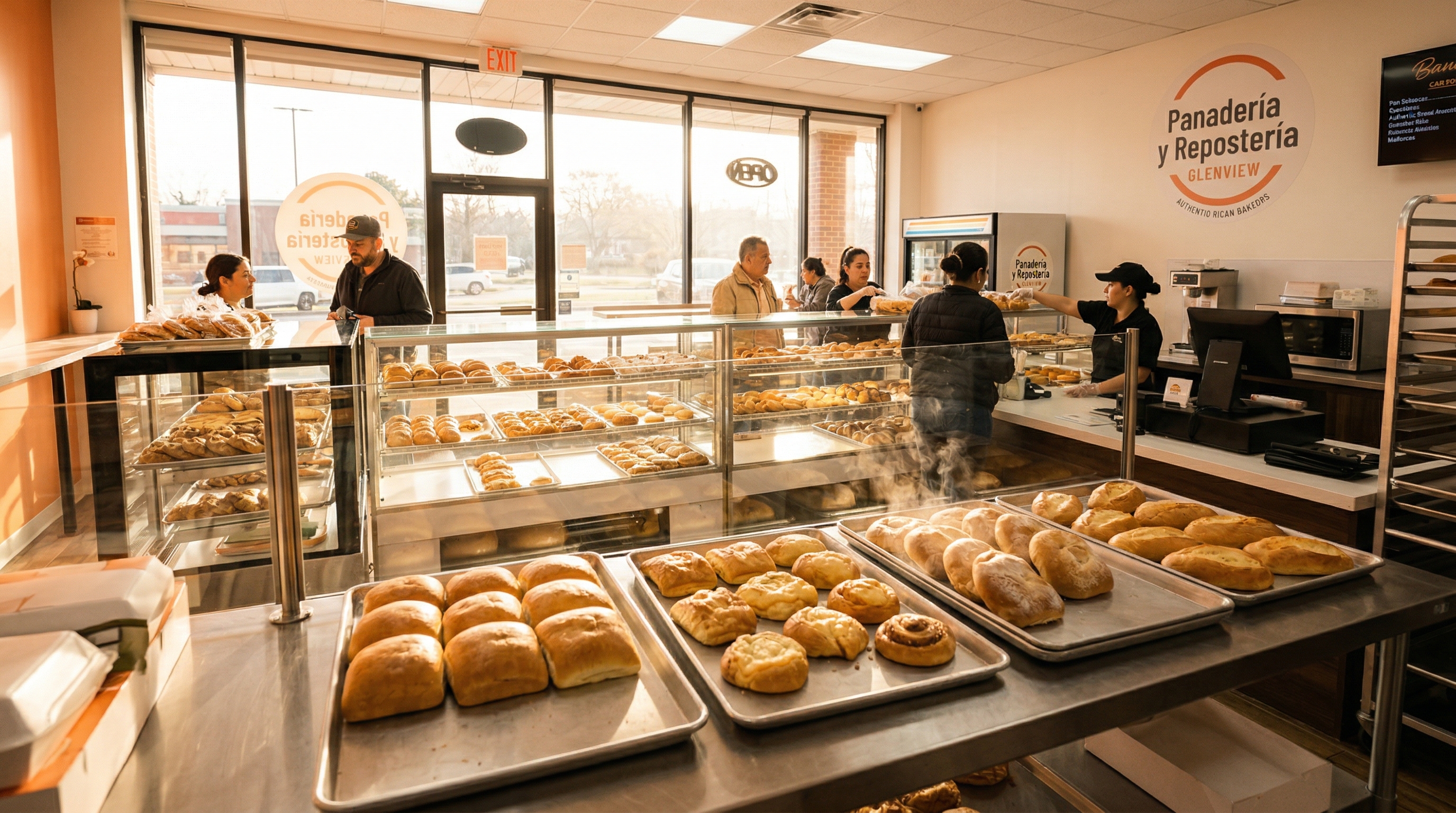 Mostrador de la panadería con panes frescos por la mañana