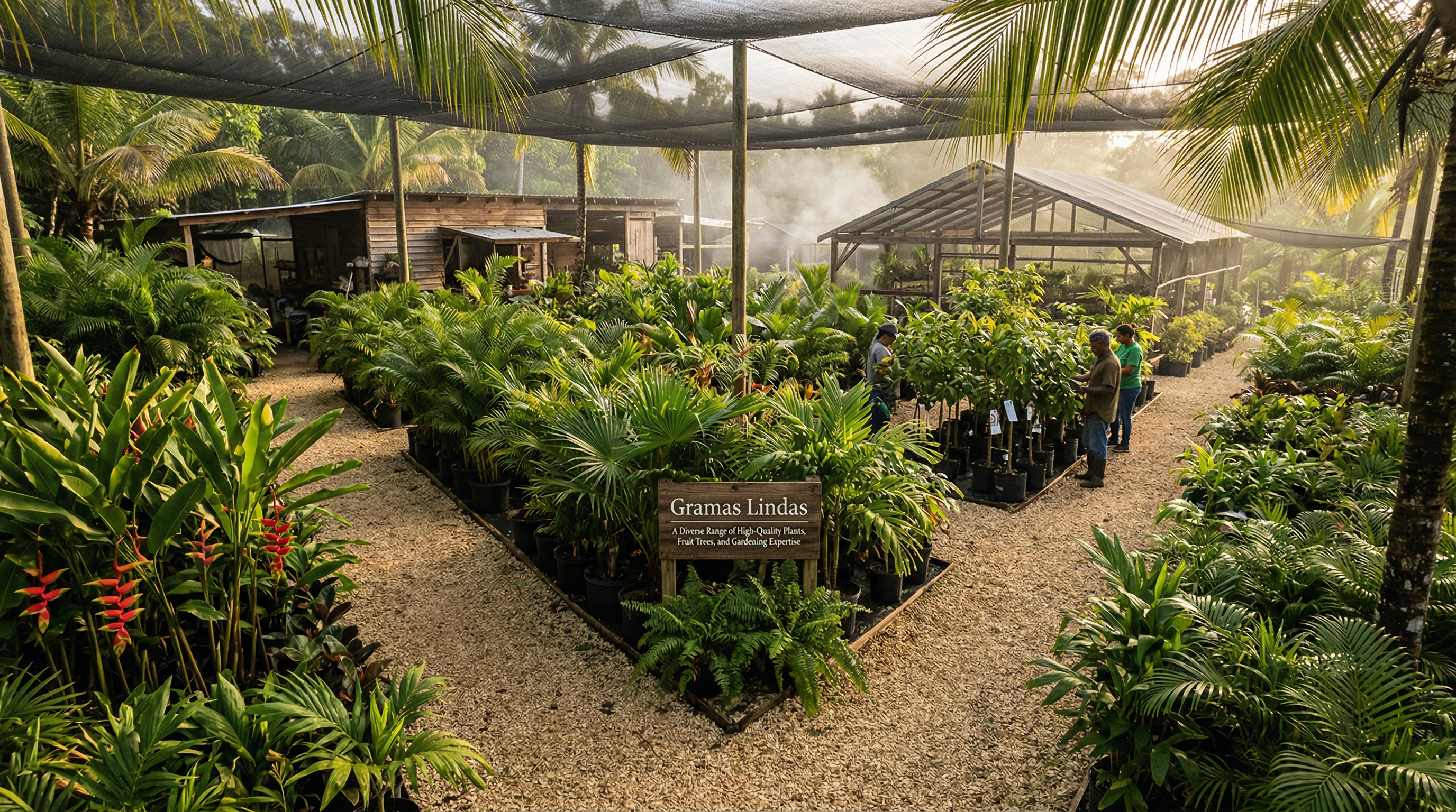 Vista panorámica de la finca Gramas Lindas al atardecer, con filas de plantas y caminos de grava