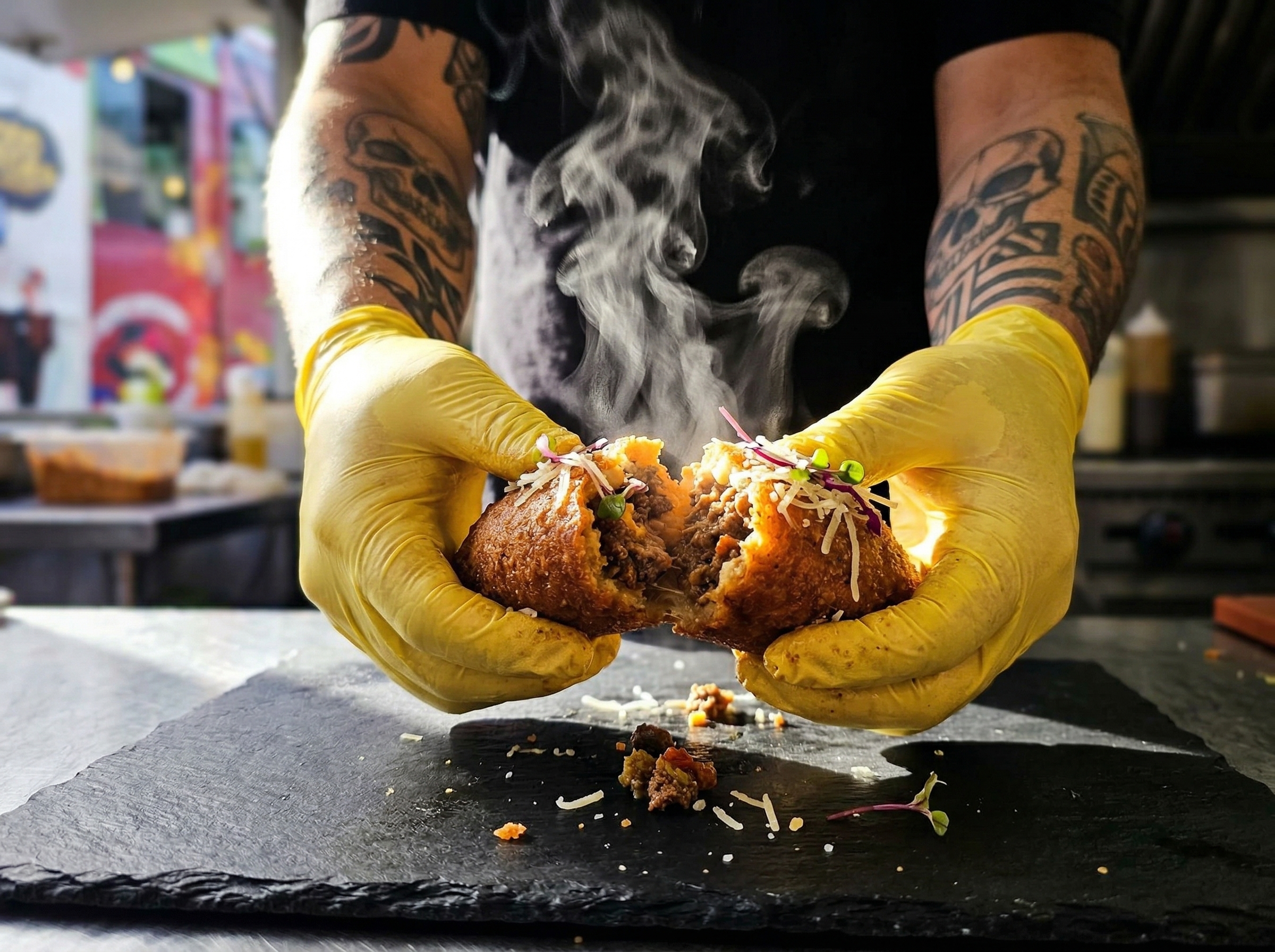 Manos del chef preparando platos en ODD Kitchen