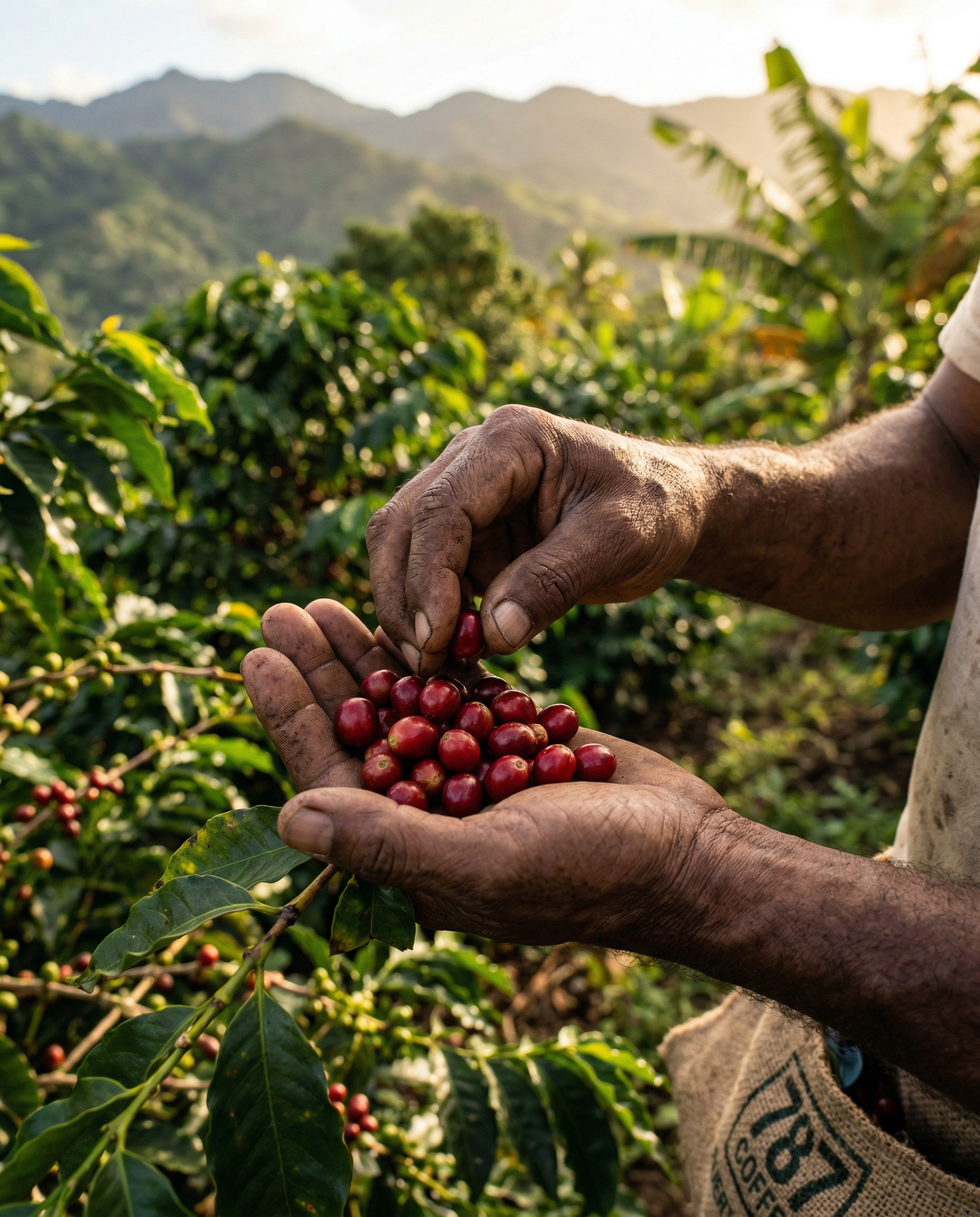 Manos de agricultor sosteniendo granos de café frescos