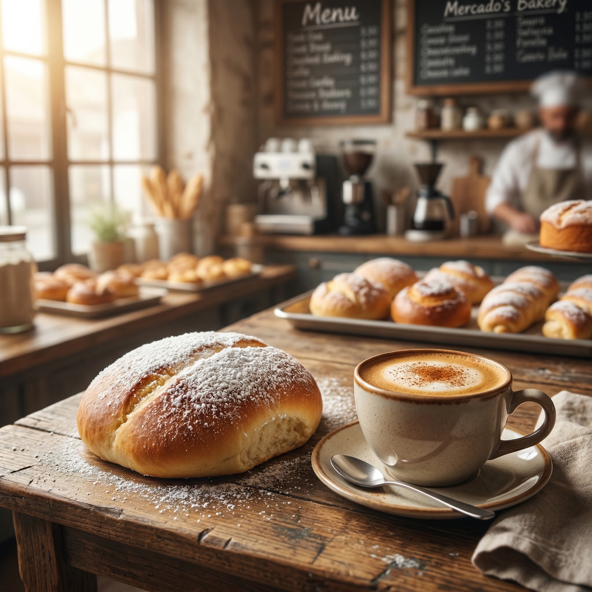 Café con leche y mallorca en Mercado's Bakery, desayuno puertorriqueño