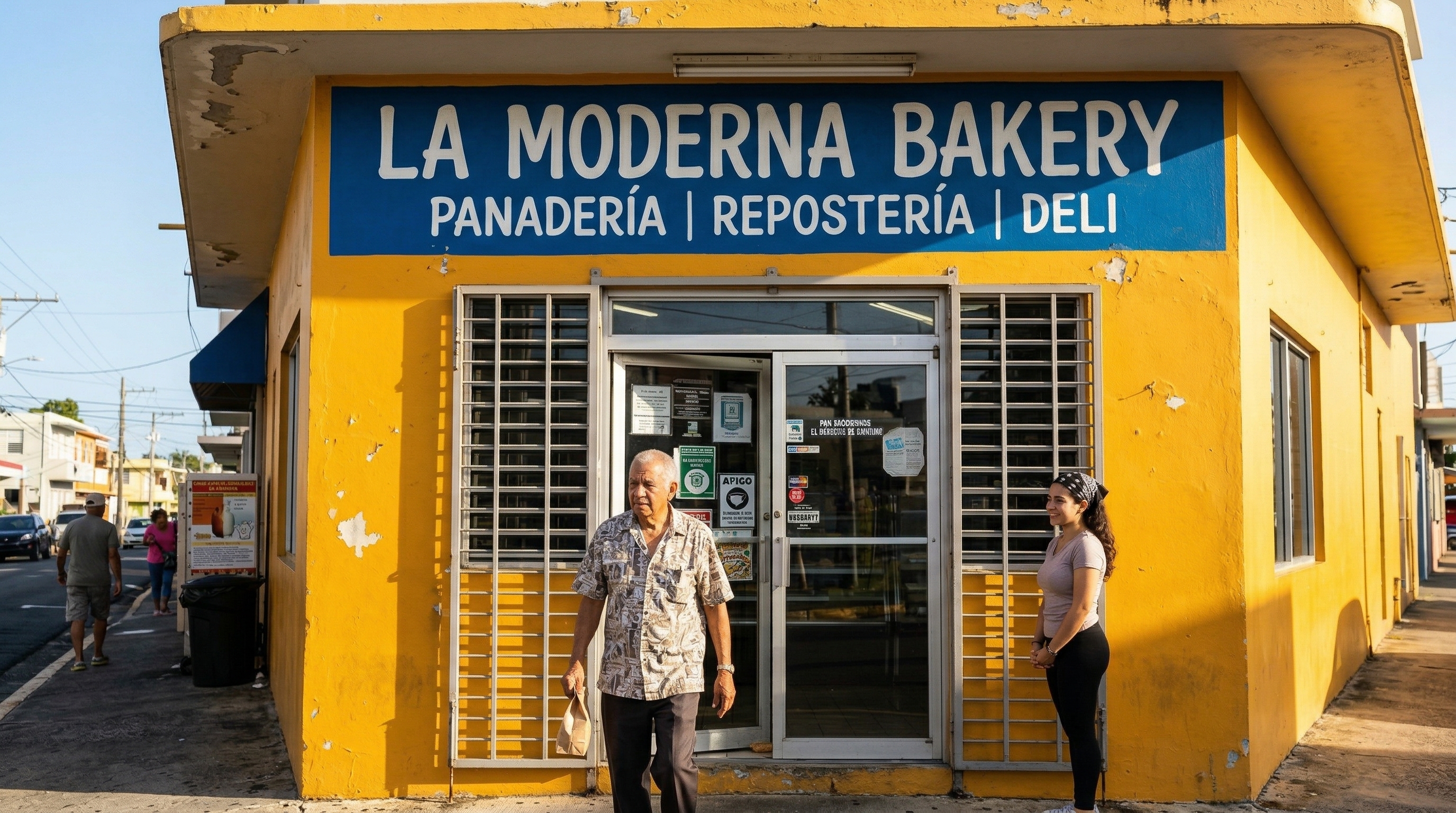 Fachada amarilla de La Moderna Bakery en Ponce