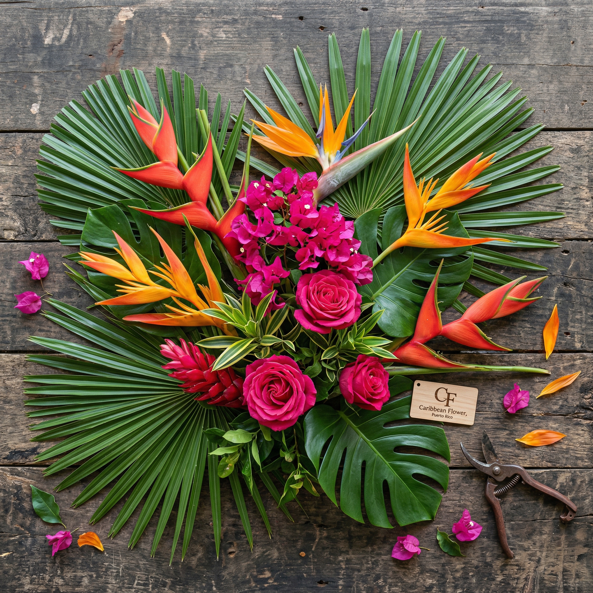 Arreglo floral plano — variedad de flores tropicales