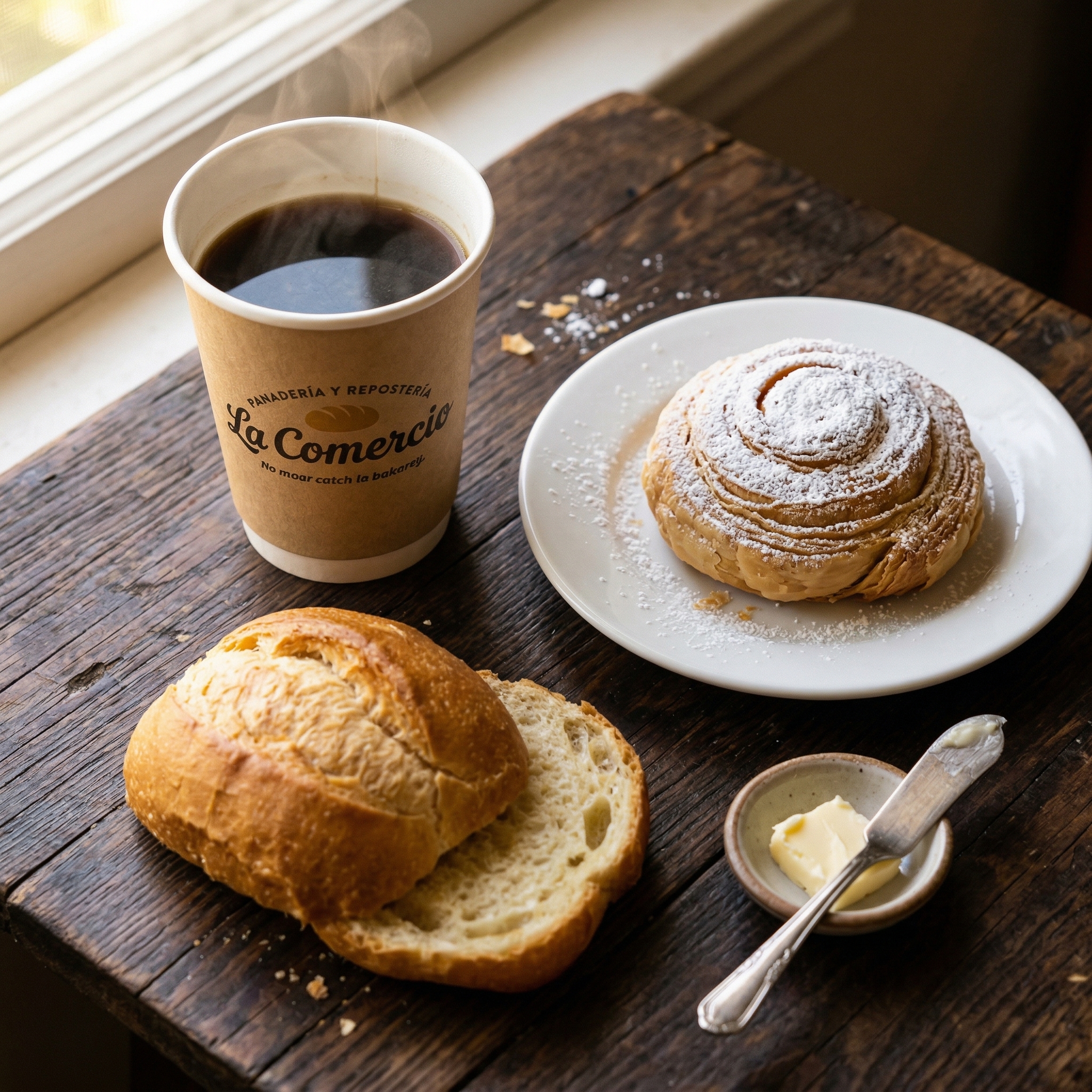 Desayuno completo con café y pan — vista cenital