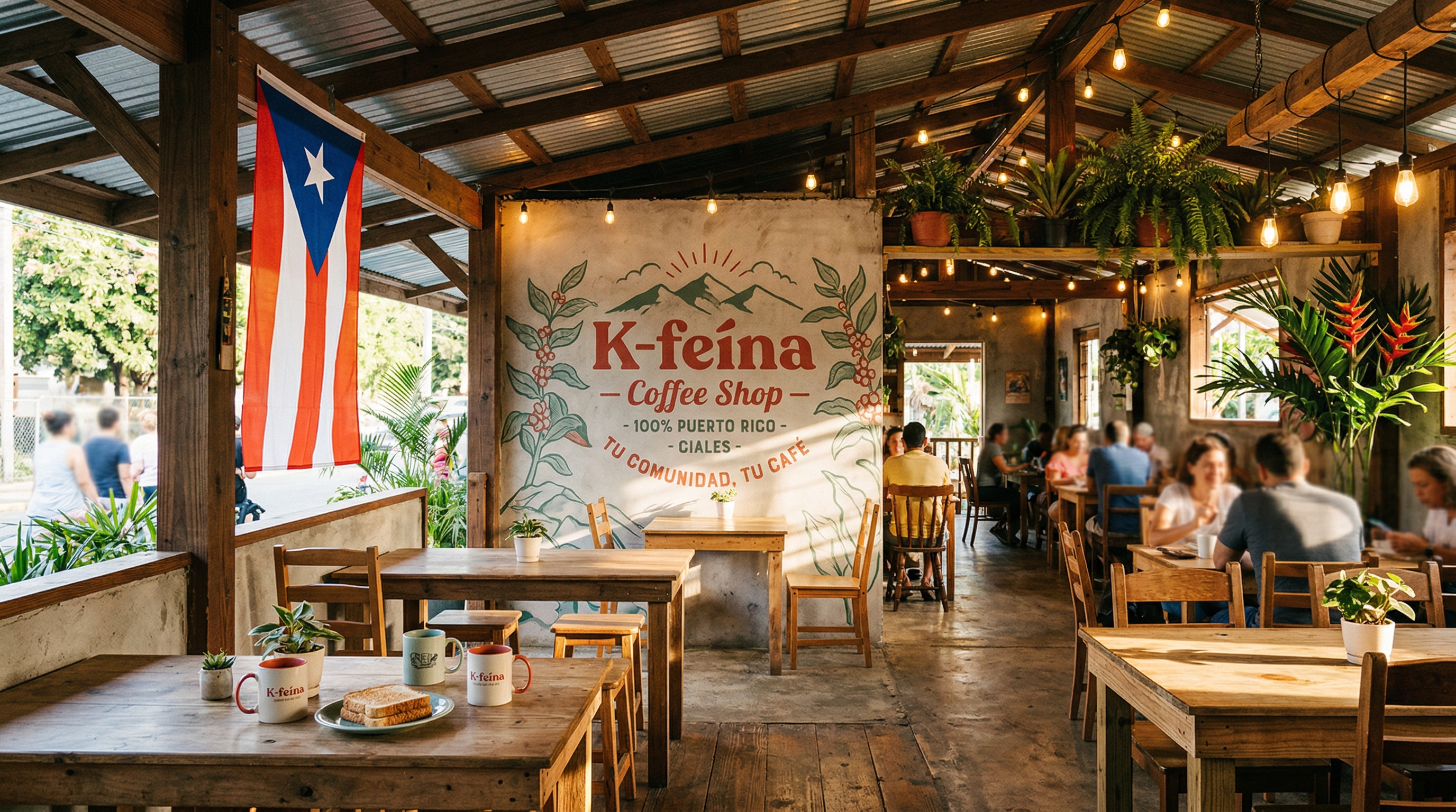 Interior rústico de K-feína Coffee Shop — madera, murales y café