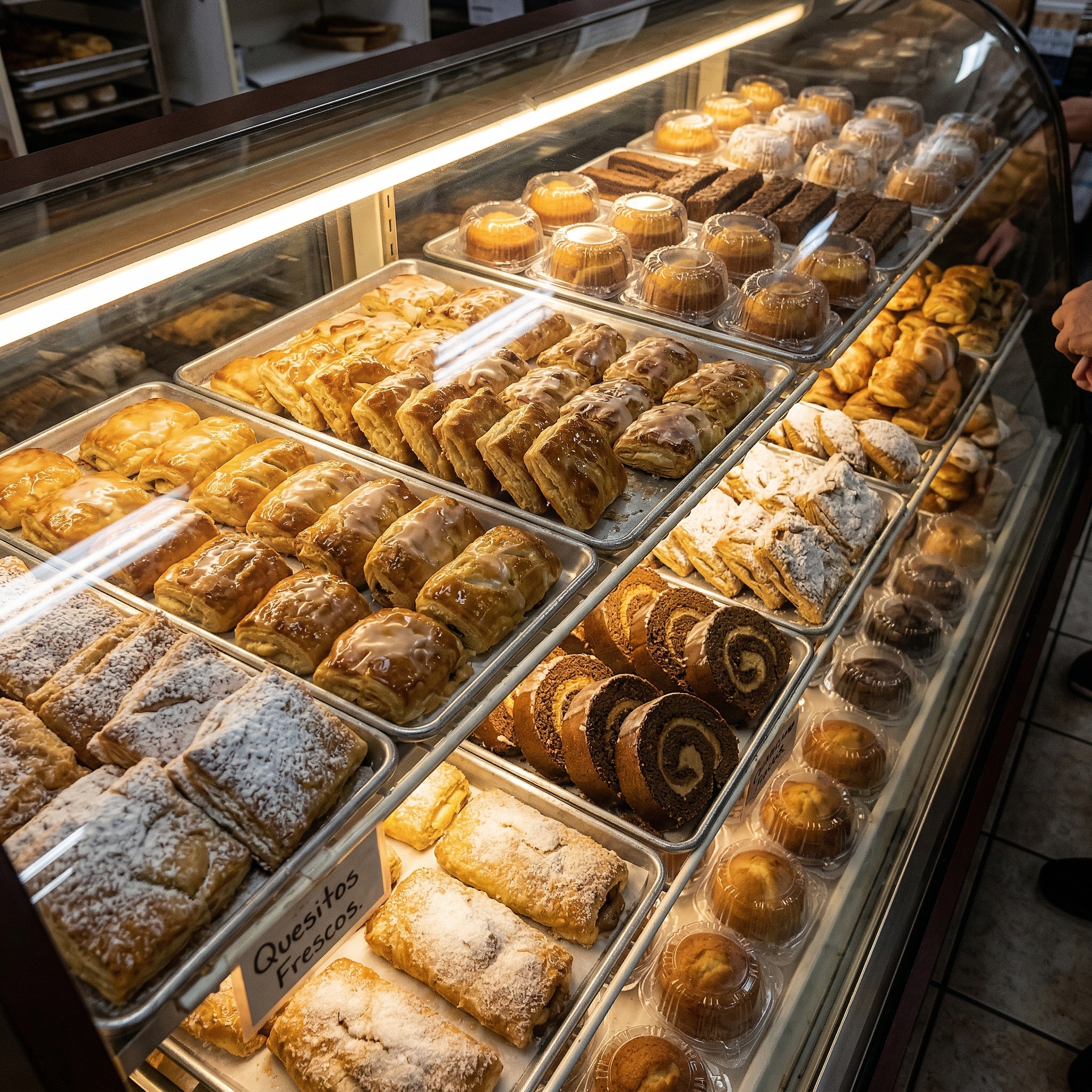 Vitrina de repostería en La Asturiana — quesitos, mallorcas y pasteles artesanales