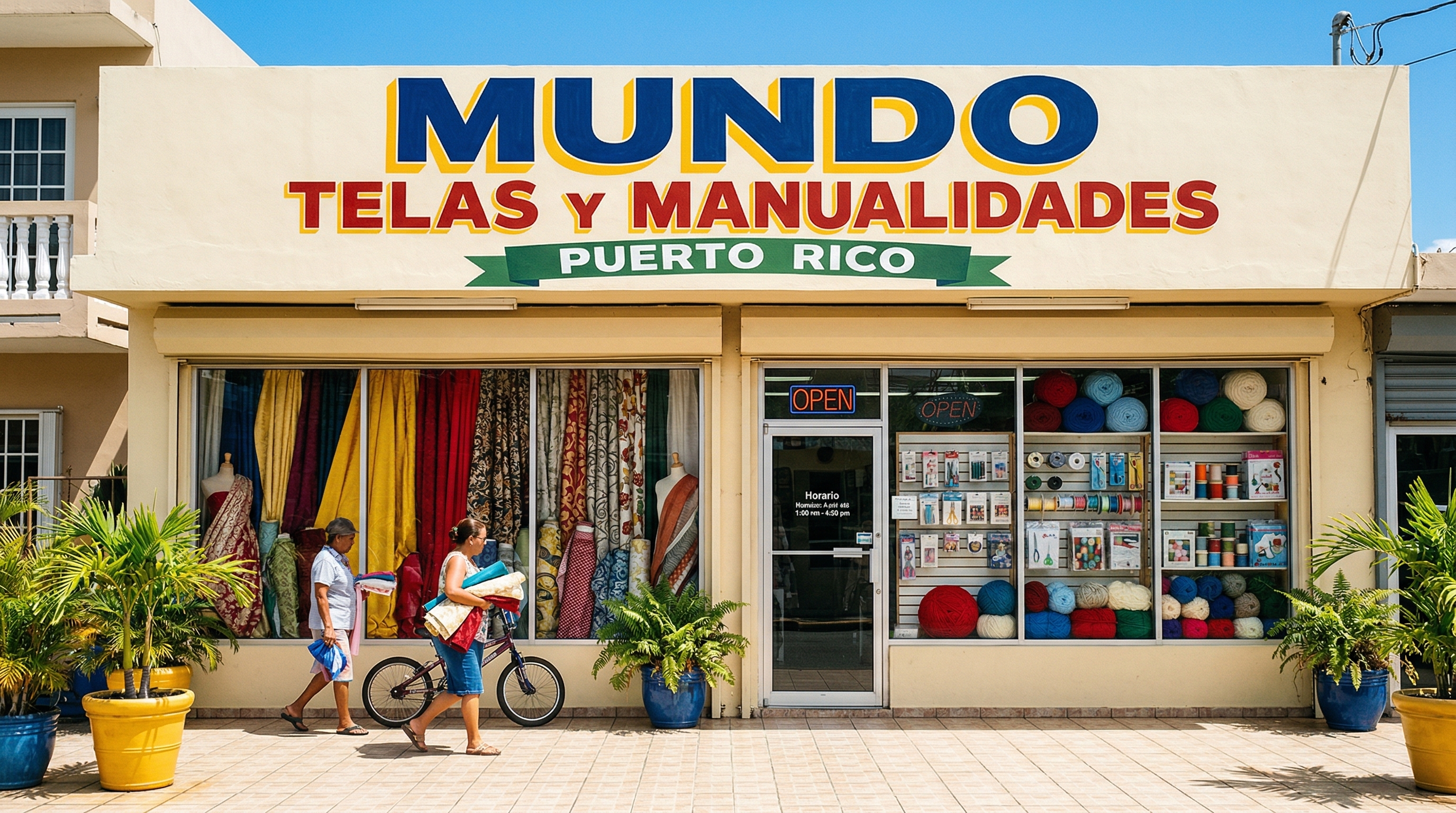 Exterior de la tienda Mundo Telas y Manualidades en Aguada, Puerto Rico