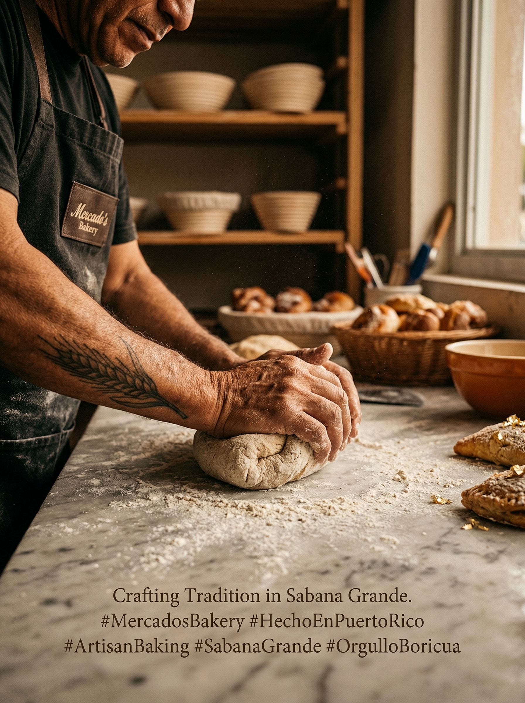 Manos del panadero amasando la masa