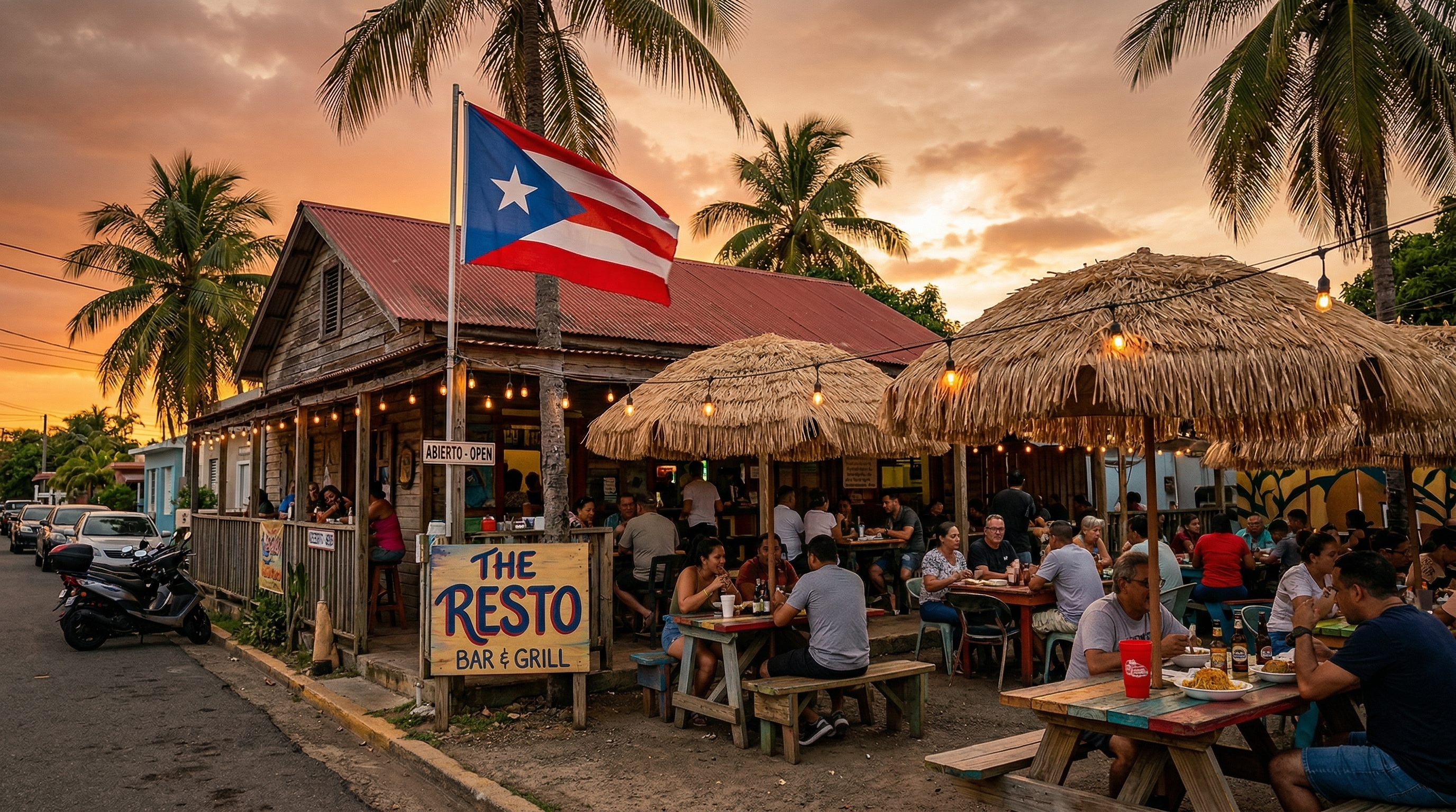 Exterior del Resto Bar and Grill durante la hora dorada en Base Ramey