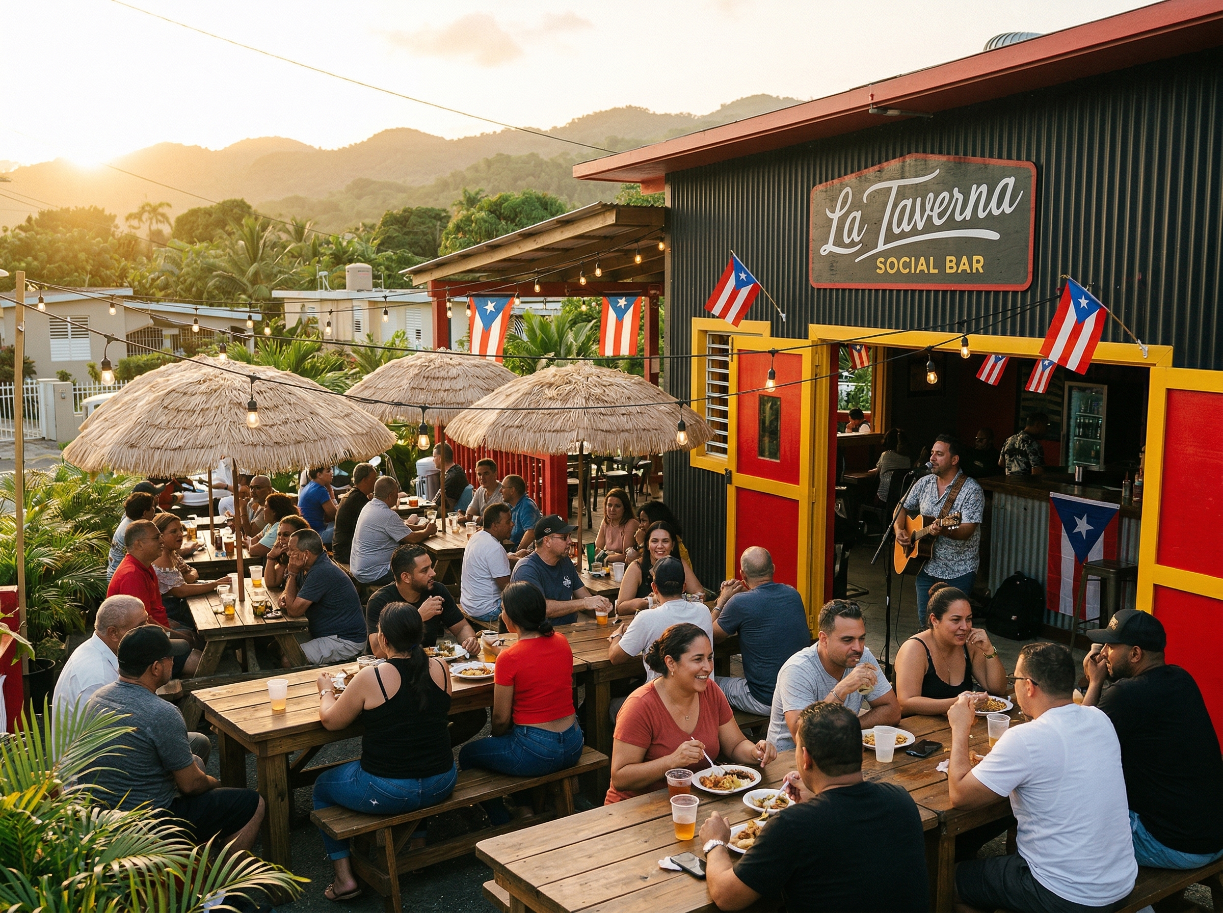 Terraza exterior de La Taverna Social Bar en Las Piedras, Puerto Rico