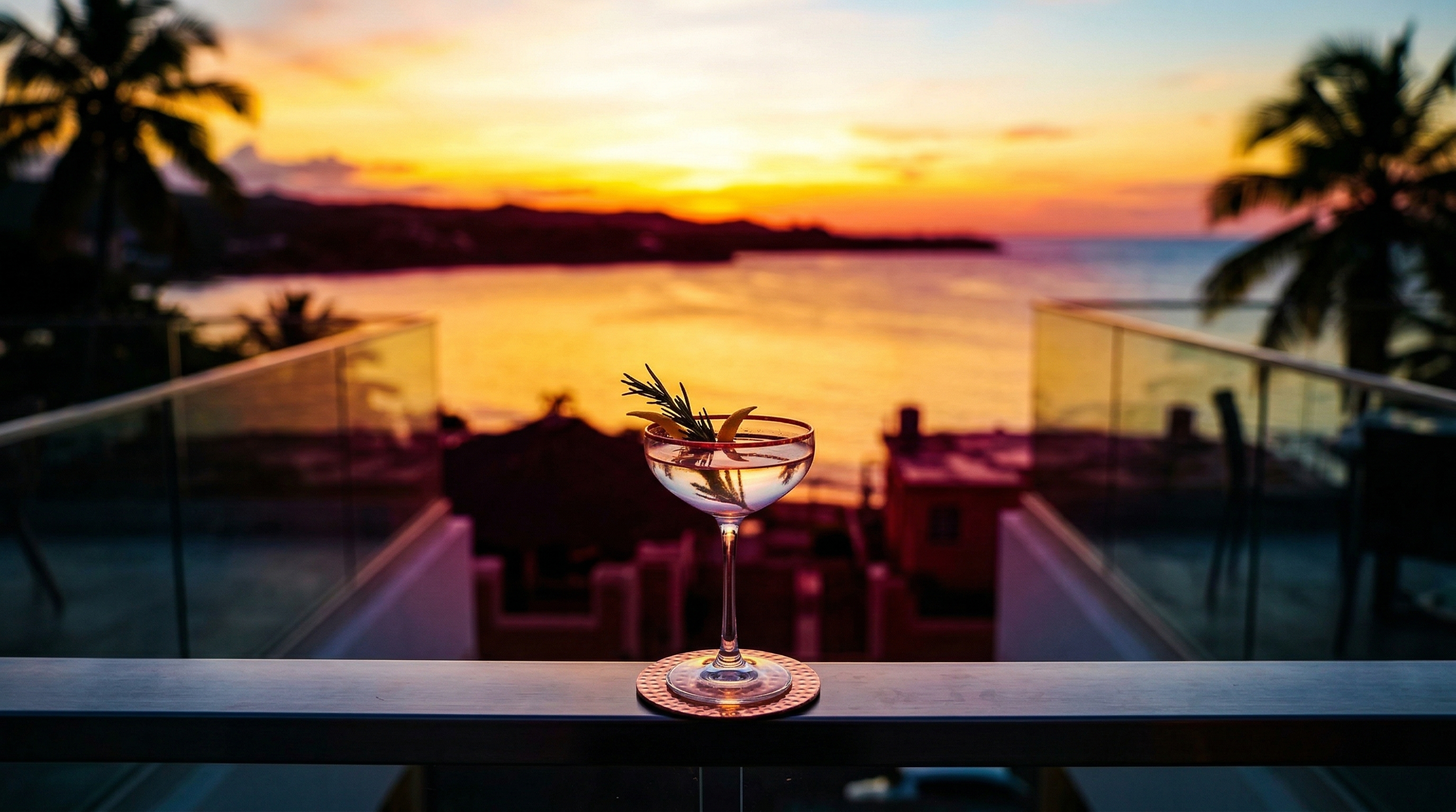 Panorámica del atardecer sobre el Atlántico desde el rooftop ARTe en Parque Colón, Aguadilla