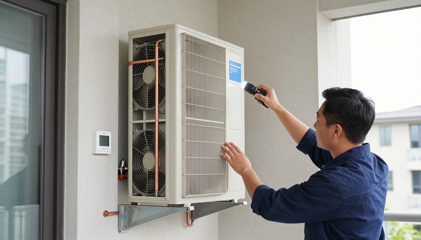 A Hudson HVAC technician inspecting a condo fan coil unit with a flashlight in a Toronto high-rise