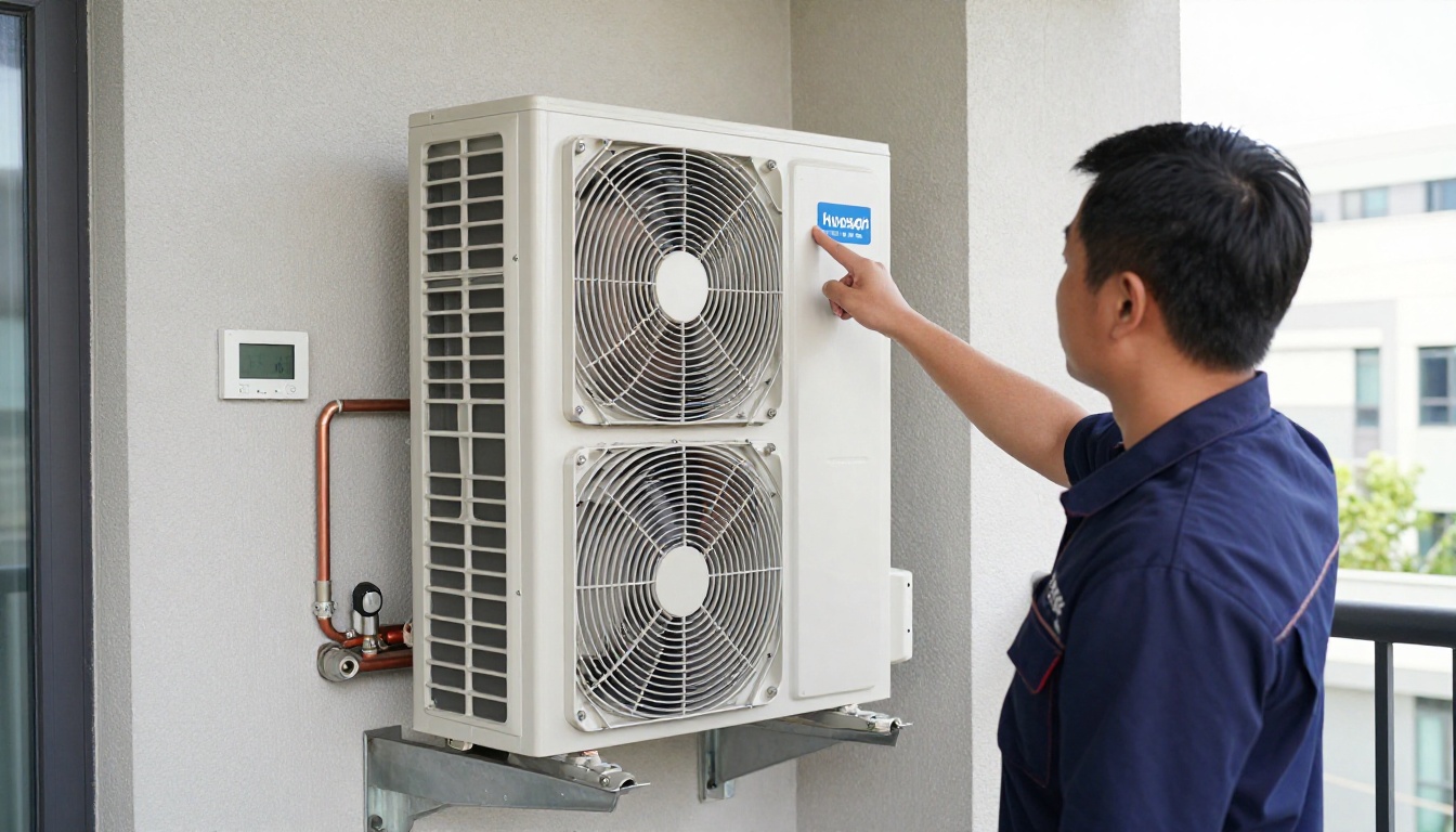 A Hudson HVAC technician inspecting a condo heat pump in a modern Toronto high-rise