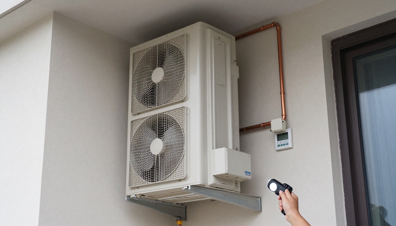 A Hudson HVAC technician inspecting a condo fan coil unit with a flashlight in a Toronto high-rise