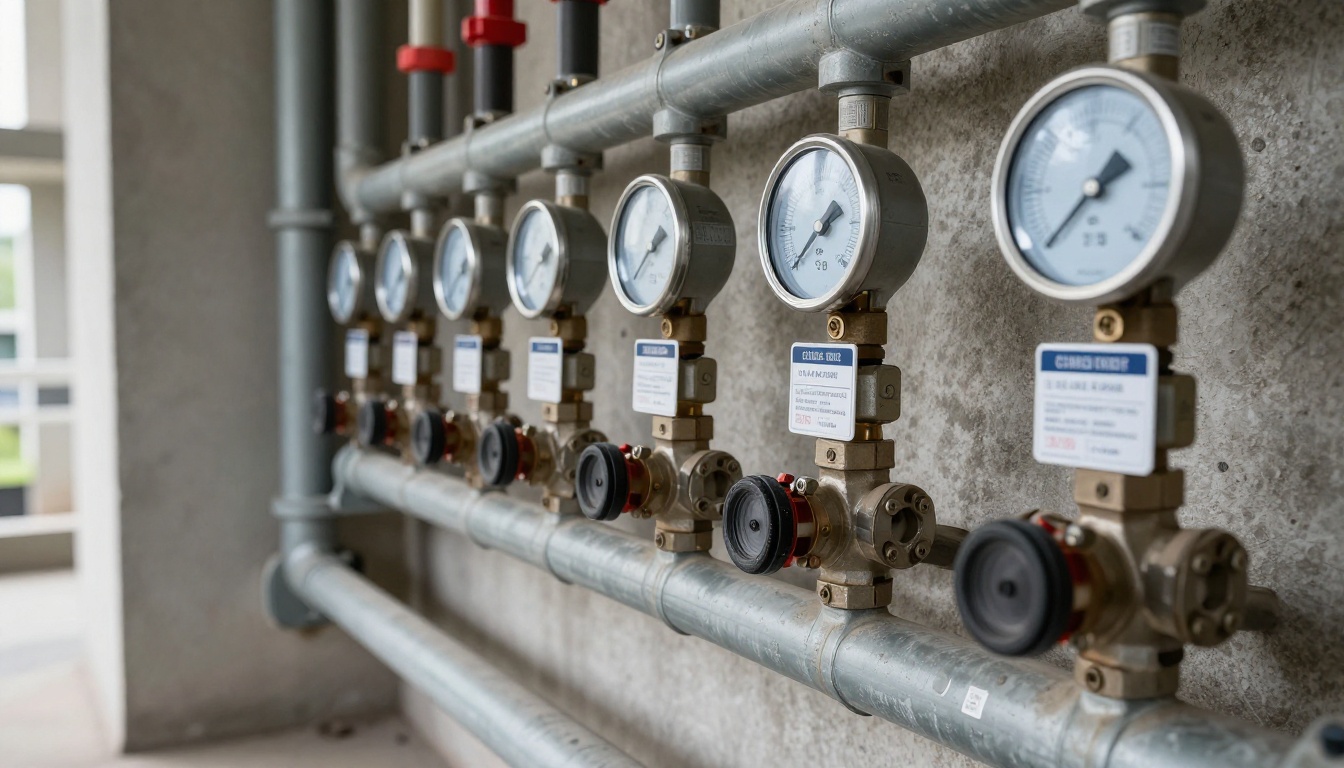 A condominium mechanical room main with multiple labelled butterfly and ball valves on insulated domestic water lines, including a pressure gauge and organized valve tags after a completed valve audit