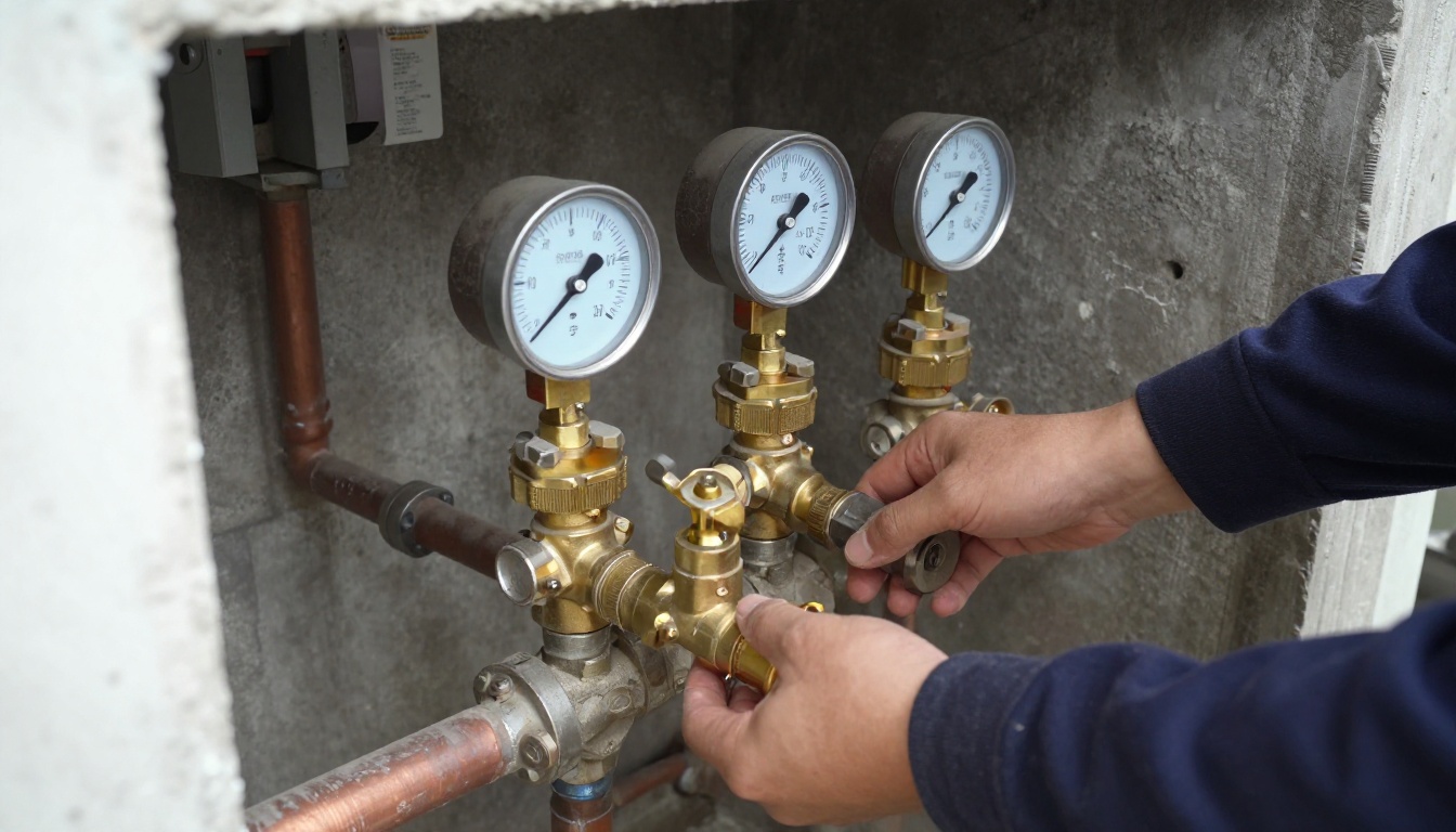 Brass pressure reducing valve assembly on a domestic water main in an older condominium mechanical room, with gauges, isolation valves and copper piping