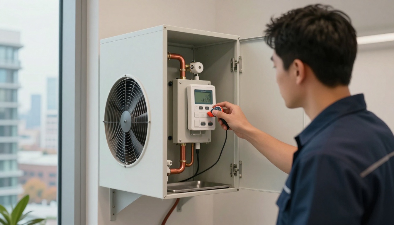 A technician in a navy work uniform using a digital thermometer and multimeter on an in-suite condo thermostat and fan coil cabinet, with a Toronto skyline visible through the window in fall light