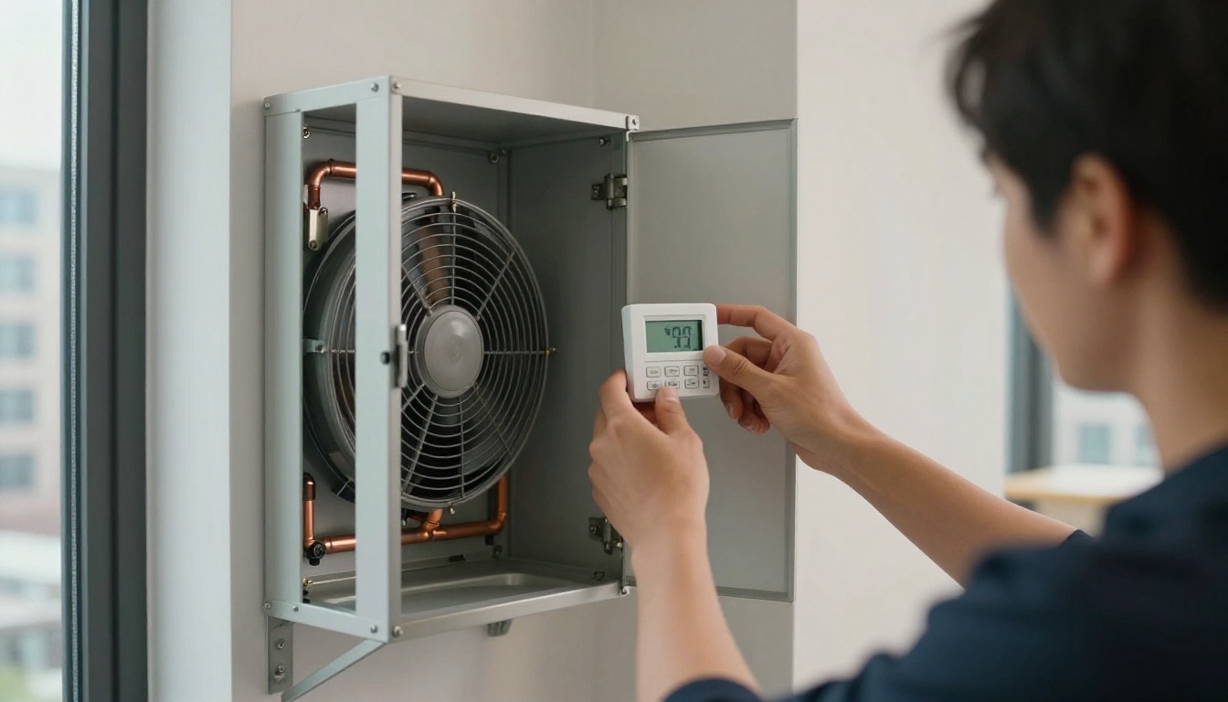 A close-up of a technician's gloved hands testing a condo thermostat and checking air temperature at a supply grille inside a modern high-rise suite in Toronto during fall A close-up of a technician’s gloved hands testing a condo thermostat and checking air temperature at a supply grille inside a modern high-rise suite in Toronto during fall