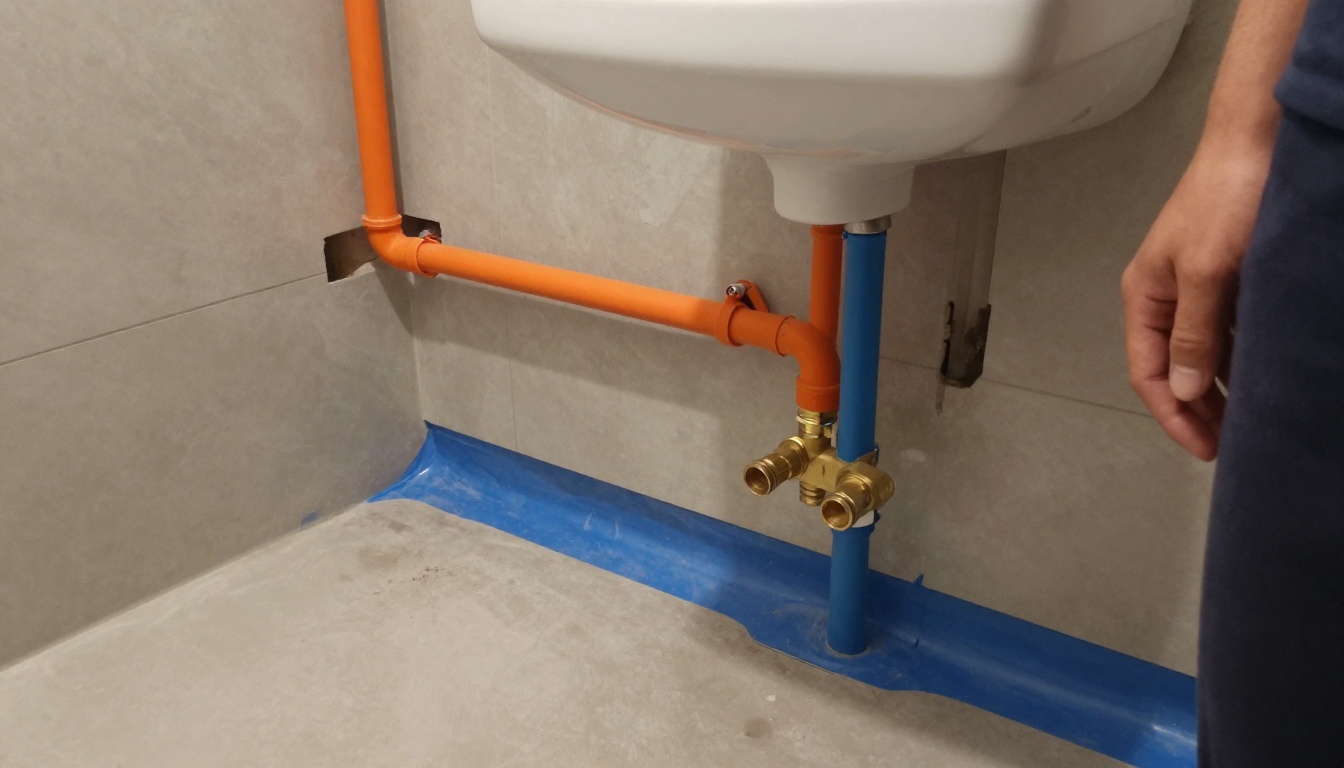 Open wall section in a condominium bathroom showing orange and blue domestic water piping, brass fittings, shutoff valves and protective floor coverings in an occupied suite Open wall section in a condominium bathroom showing orange and blue domestic water piping, brass fittings, shutoff valves and protective floor coverings in an occupied suite
