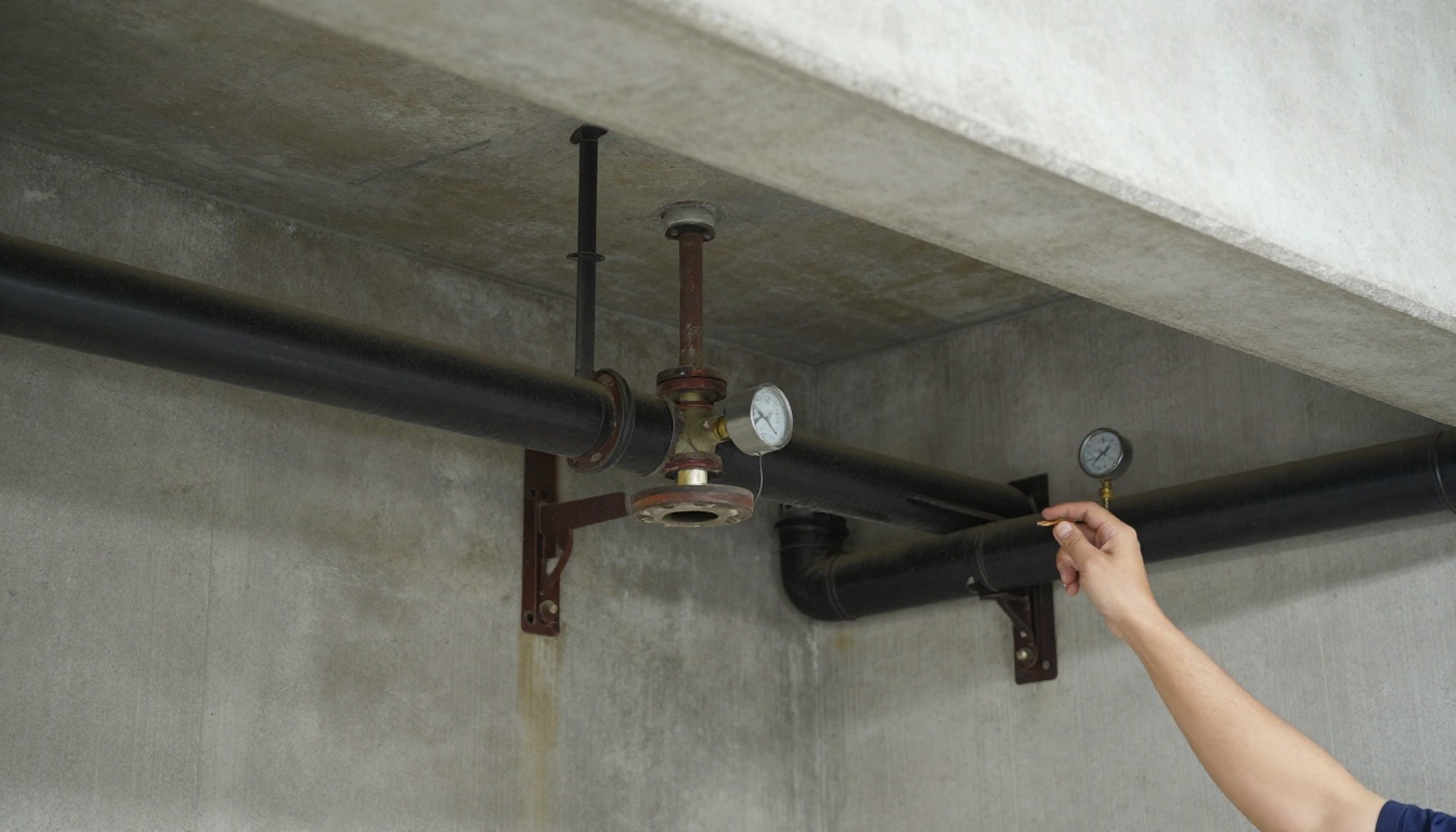Parking garage ceiling piping and a horizontal drain line with cleanout access, inspection equipment nearby, showing aged cast iron and support hangers
