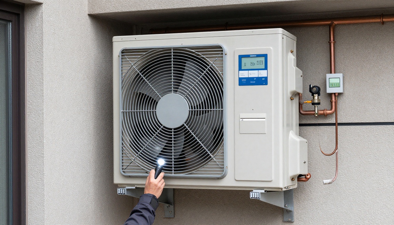 A Hudson HVAC technician inspecting a condo fan coil unit with a flashlight in a Toronto high-rise