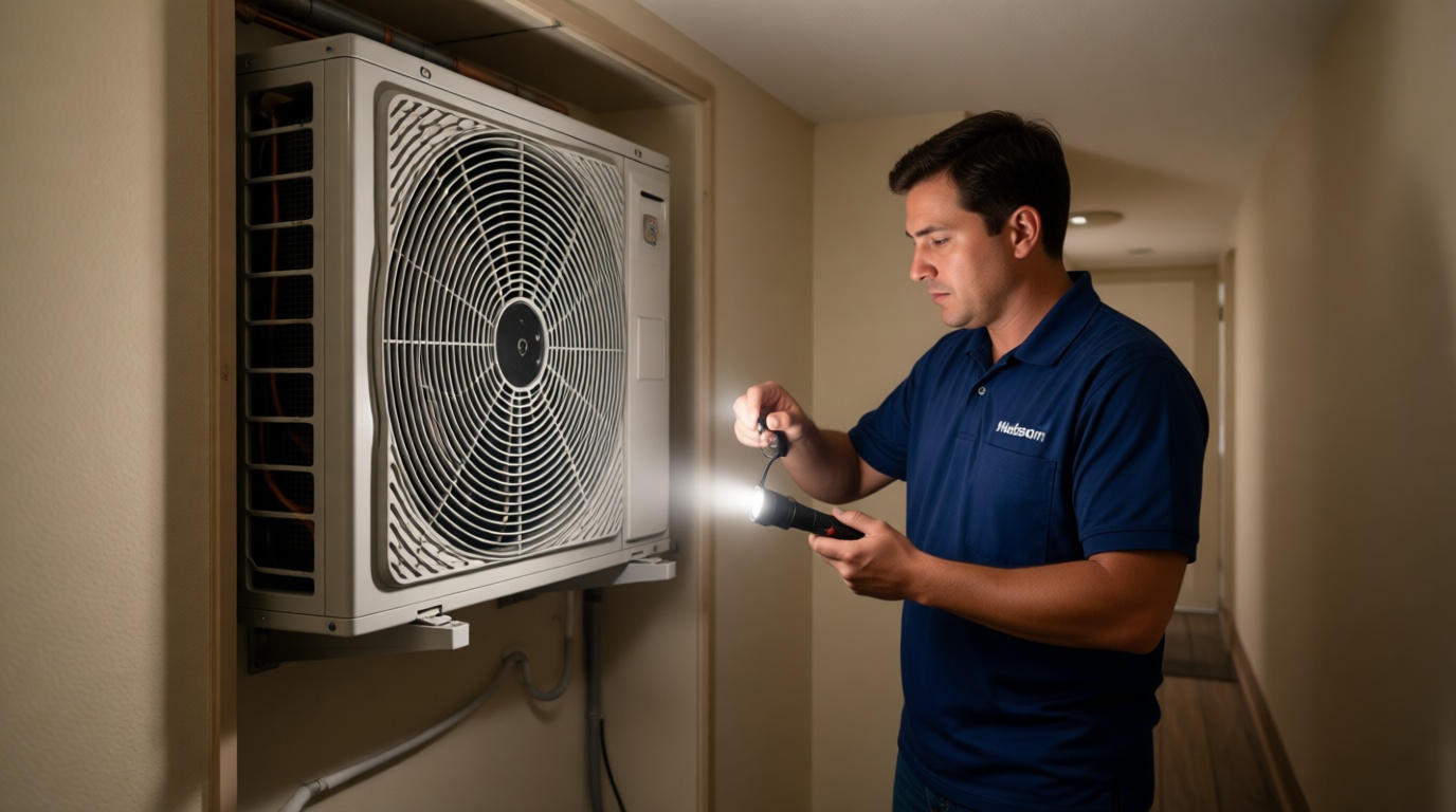 A Hudson HVAC technician inspecting a condo fan coil unit with a flashlight in a Toronto high-rise A Hudson HVAC technician inspecting a condo fan coil unit with a flashlight in a Toronto high-rise