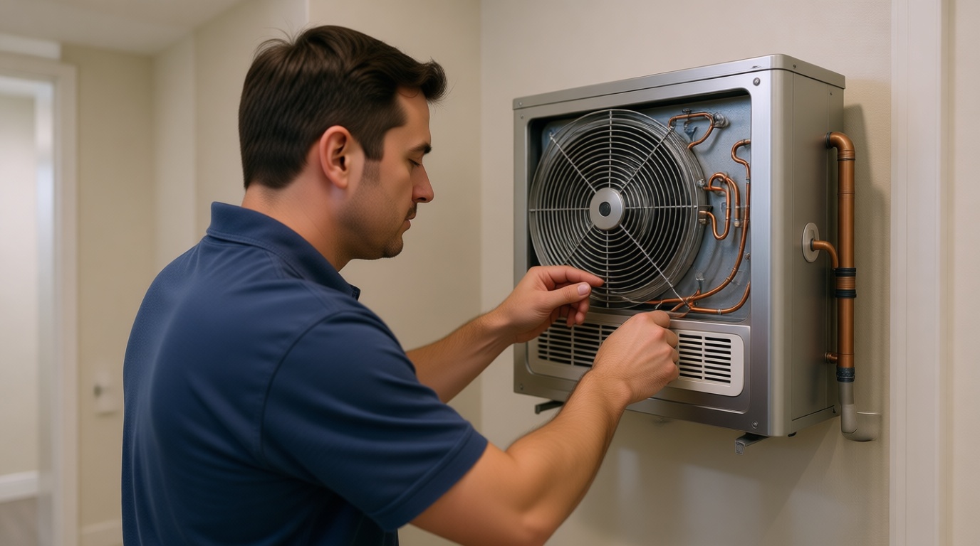 Close-up of a technician adjusting a thermostat in a modern Toronto condo Close-up of a technician adjusting a thermostat in a modern Toronto condo