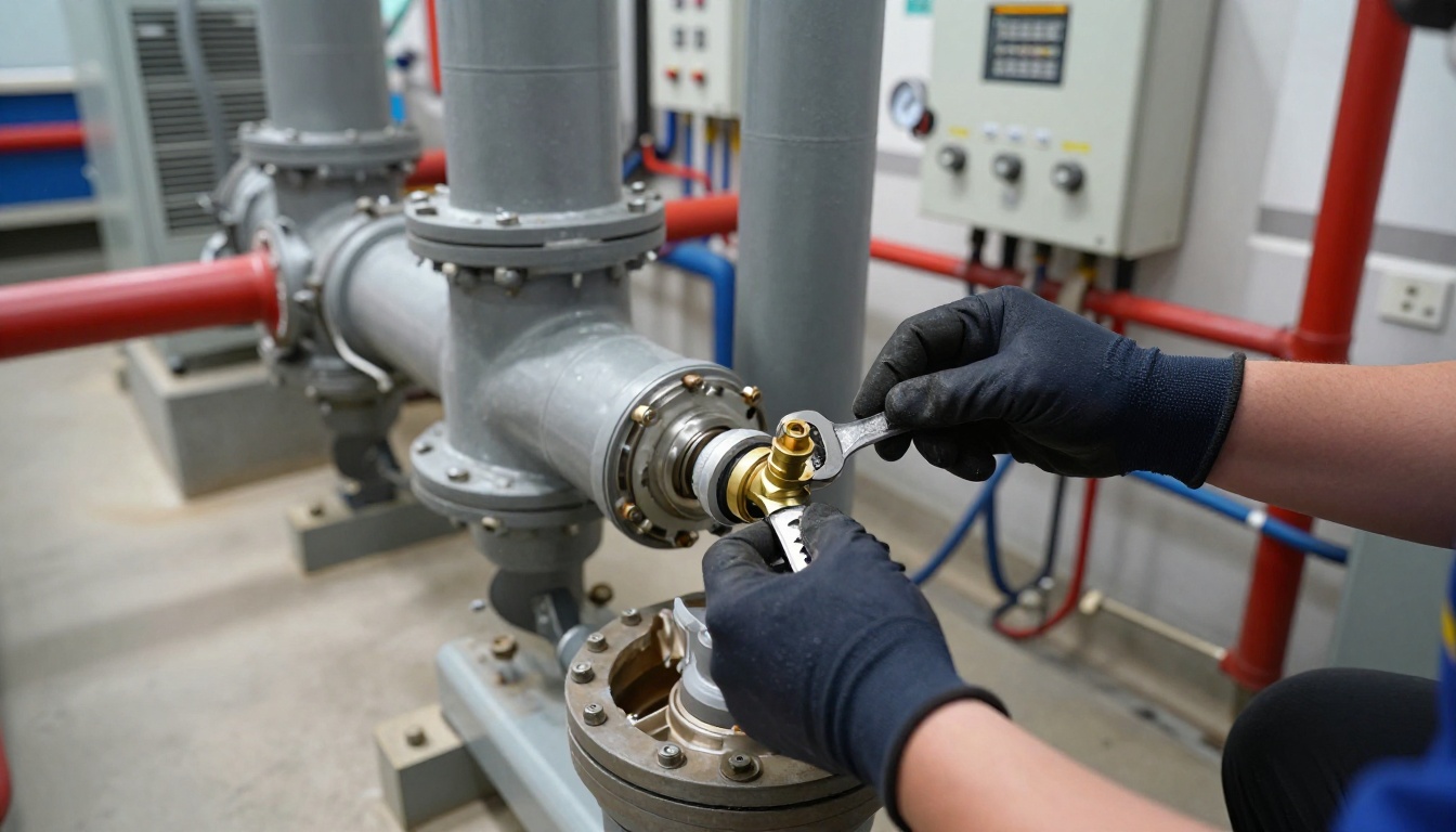 Technician wearing dark navy gloves servicing a leaking brass automatic air vent on a hydronic air separator inside an indoor condo mechanical room, with one hand on a wrench and insulated piping visible nearby.