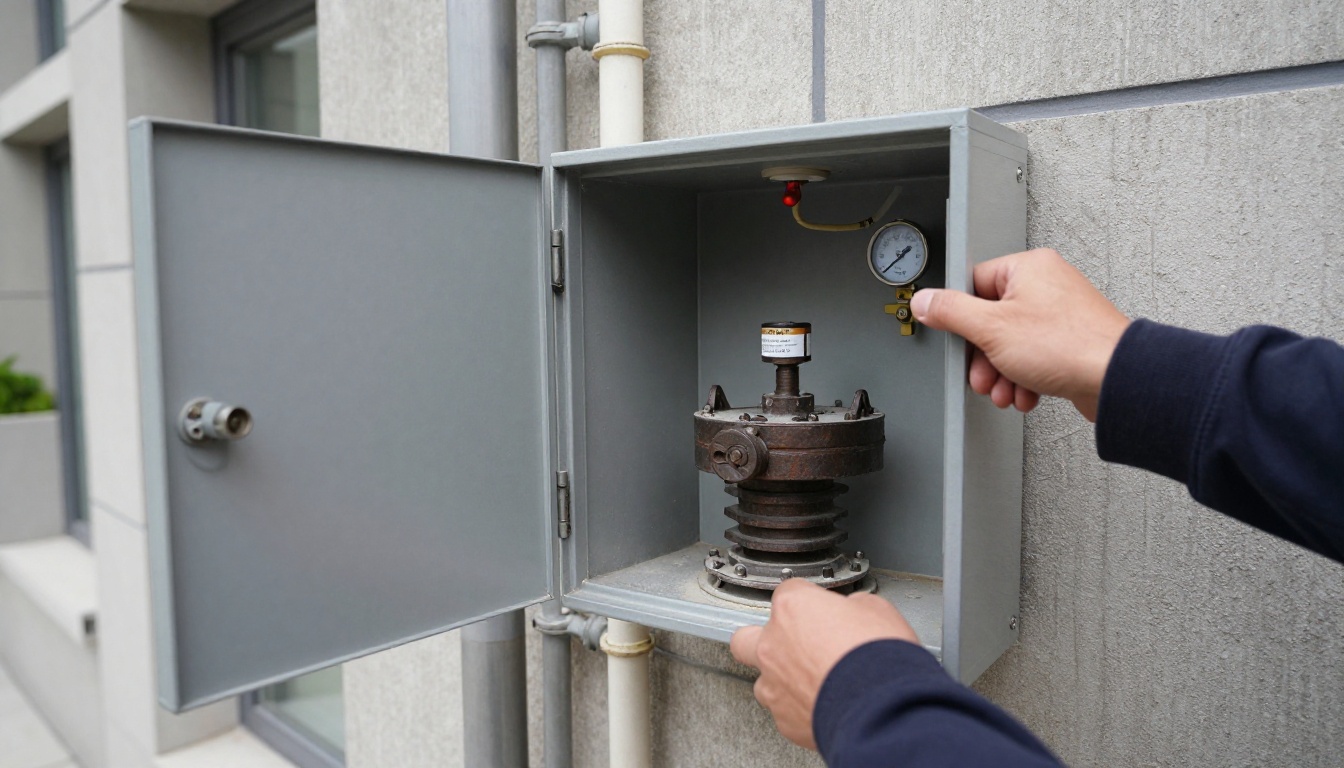 A well-lit condominium service corridor wall with an open metal access panel revealing a 4-inch cast iron stack cleanout and tagged isolation points, showing proper serviceable access in a high-rise building