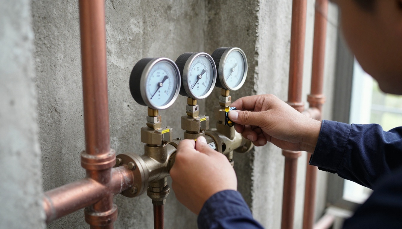 A mechanical room technician&rsquo;s gloved hands checking pressure gauges beside a PRV assembly on copper domestic water piping in a condominium building