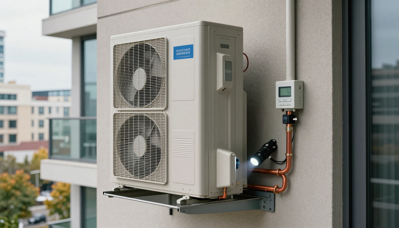 A tall vertical condo fan coil unit inside a modern Toronto high-rise closet with the lower access panel open, showing the drain pan, blower section, copper piping, and a technician inspecting components with a flashlight in fall daylight