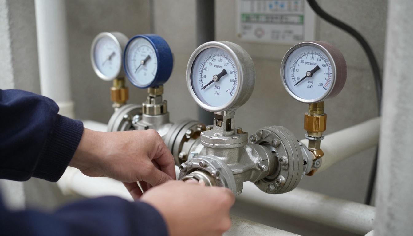 Close-up of a newly installed flanged shutoff valve on insulated domestic water piping in a condominium mechanical room, with adjacent union connections and labeled branch lines but no readable text