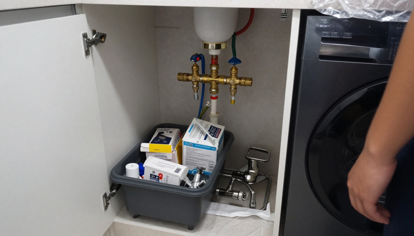 Mechanical room domestic water piping with brass pressure reducing valves and nearby service records area, plus a cart of boxed toilet and faucet repair parts ready for suite work Mechanical room domestic water piping with brass pressure reducing valves and nearby service records area, plus a cart of boxed toilet and faucet repair parts ready for suite work