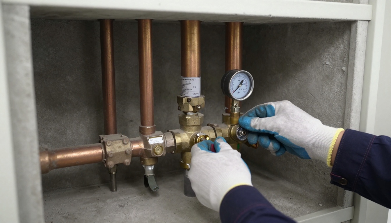 A narrow condominium riser closet with vertical insulated copper domestic water pipes, tagged isolation valves and a plumber taking a pressure reading at a test point