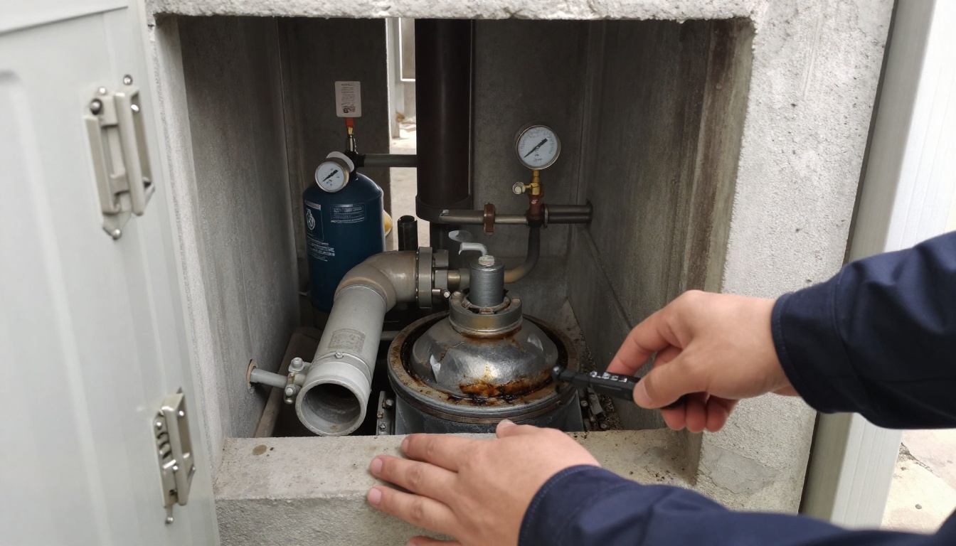 Camera inspection monitor beside a condominium stack cleanout showing grease buildup inside a cast iron kitchen waste stack, with service corridor piping and a wet vacuum in the background