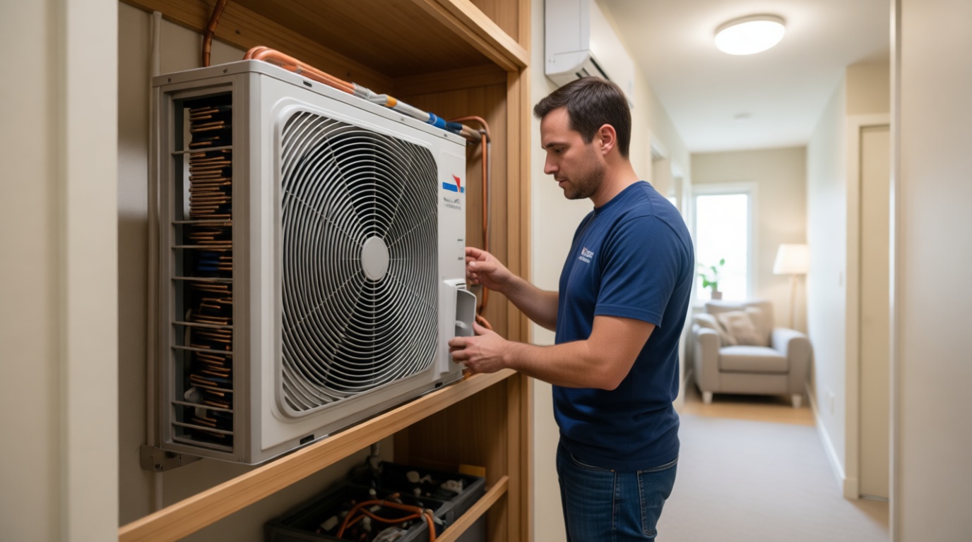Close-up of a technician's hands replacing a Skymark fan coil unit in a modern Toronto condo Close-up of a technician’s hands replacing a Skymark fan coil unit in a modern Toronto condo