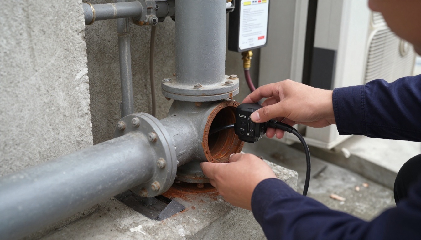 A close-up of a dull grey cast iron condominium drain stack opened at a cleanout in a high-rise service corridor, with a CCTV camera cable entering the pipe and rust scale visible around the opening