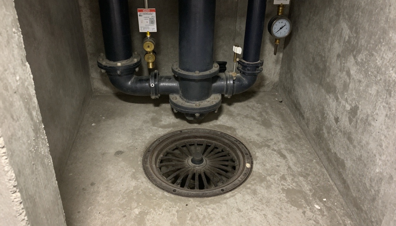 A basement mechanical room floor drain with a visible trap seal issue nearby, older cast iron piping, brass primer components and a cleanout in a multi-residential building A basement mechanical room floor drain with a visible trap seal issue nearby, older cast iron piping, brass primer components and a cleanout in a multi-residential building