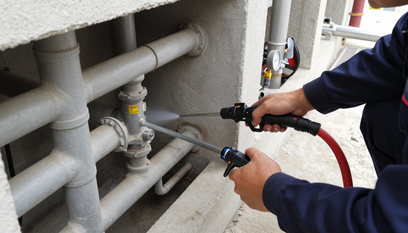 A plumber’s gloved hands guiding a high-pressure jetting hose into a condominium laundry waste stack cleanout in a mechanical corridor, with cast iron piping and a CCTV inspection reel nearby