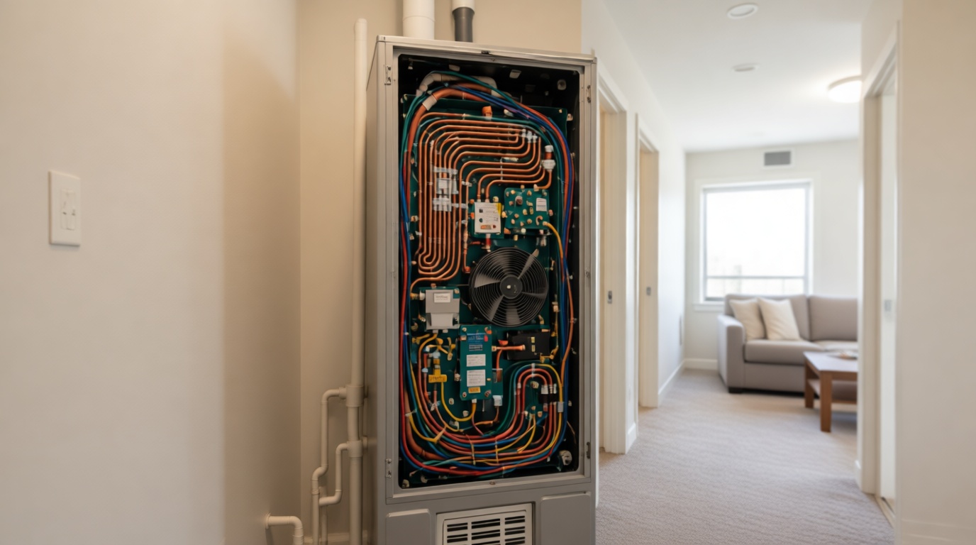 Close-up of a fan coil unit&rsquo;s internal components during maintenance in a Toronto condo
