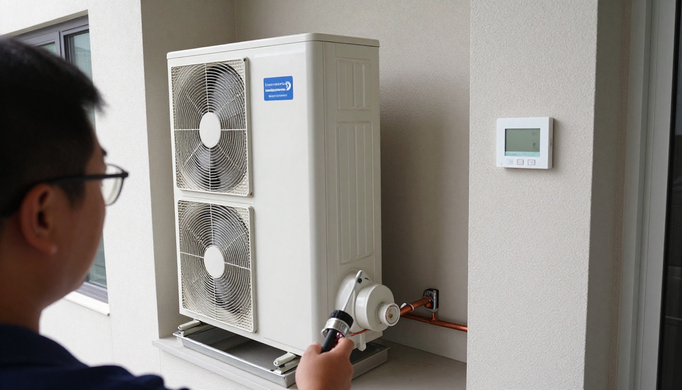 A Hudson HVAC technician inspecting a condo heat pump unit with a tool in a Toronto high-rise