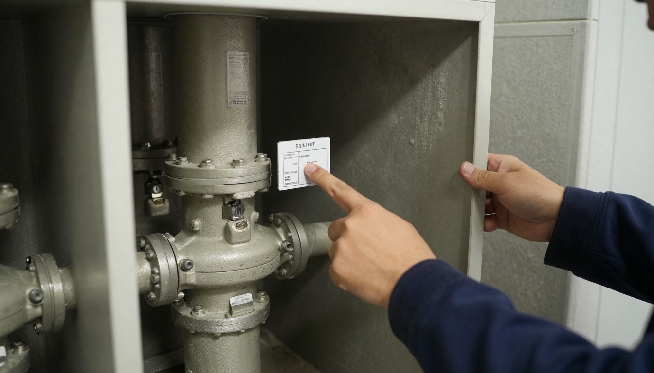 A narrow condominium riser closet with vertical insulated domestic water risers, tagged sectional ball valves at floor level, and a technician’s gloved hand pointing to a laminated valve ID tag
