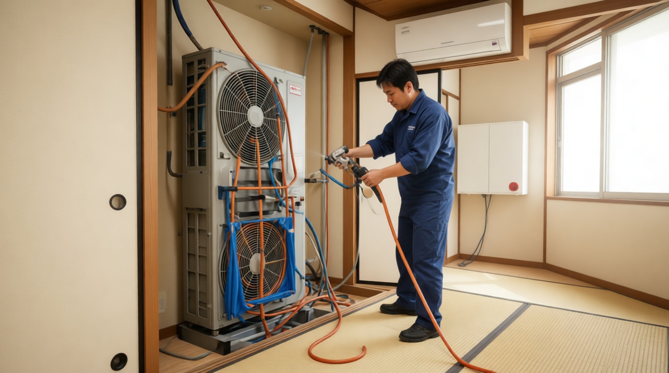 Technician using high-pressure water jetting equipment on a condo building's vertical stack Technician using high-pressure water jetting equipment on a condo building’s vertical stack