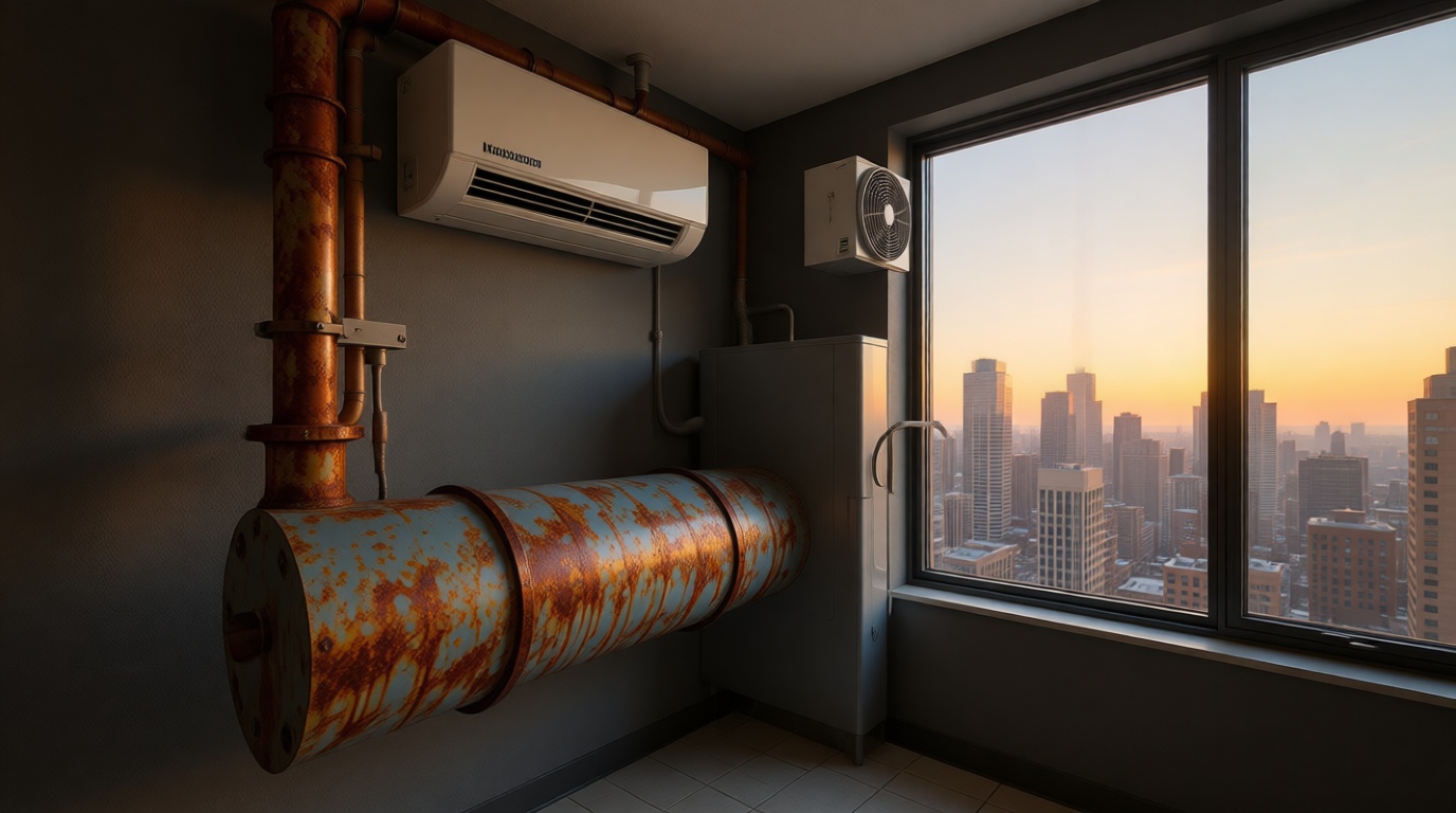 Close-up of a rusty HVAC pipe in a Toronto condo, showing signs of corrosion and moisture