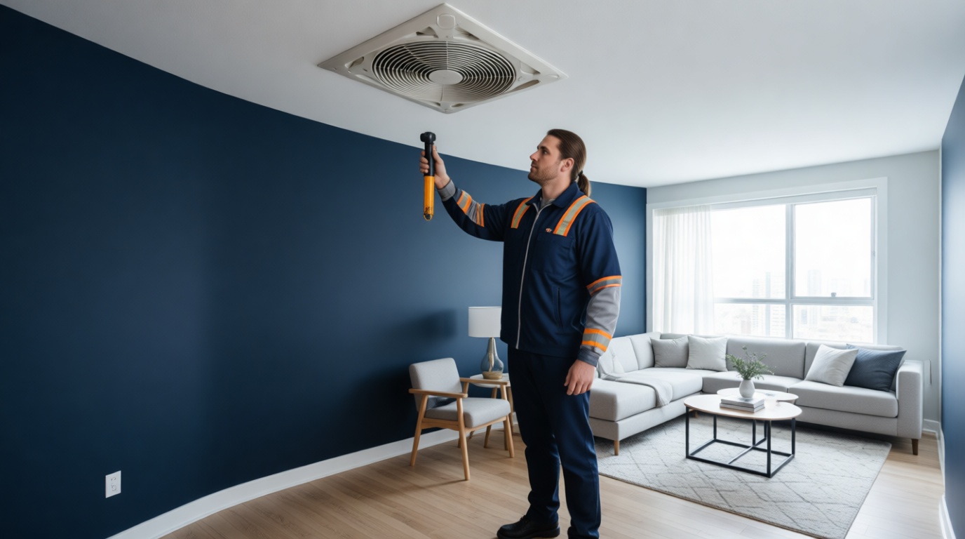 A Hudson HVAC technician inspecting a condo fan coil unit with a flashlight in a Toronto high-rise