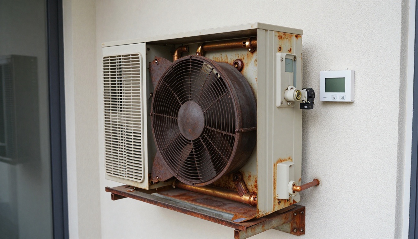 Close-up of a rusted HVAC component in a condo setting, highlighting corrosion details.